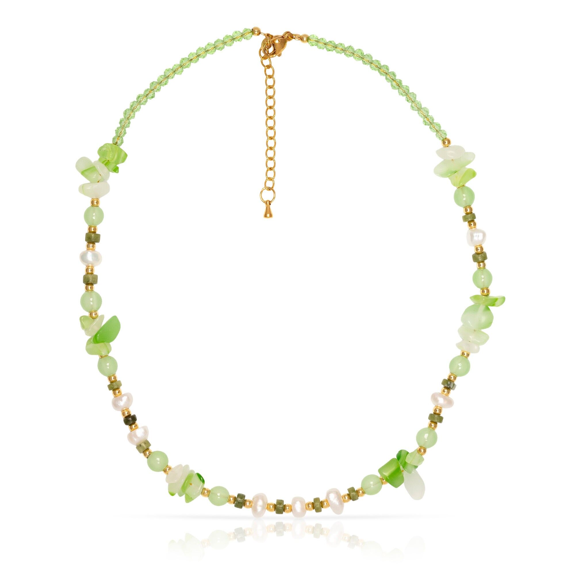 Collana di agata verde e perle naturali, con chiusura a moschettone. Colore:Multicolore