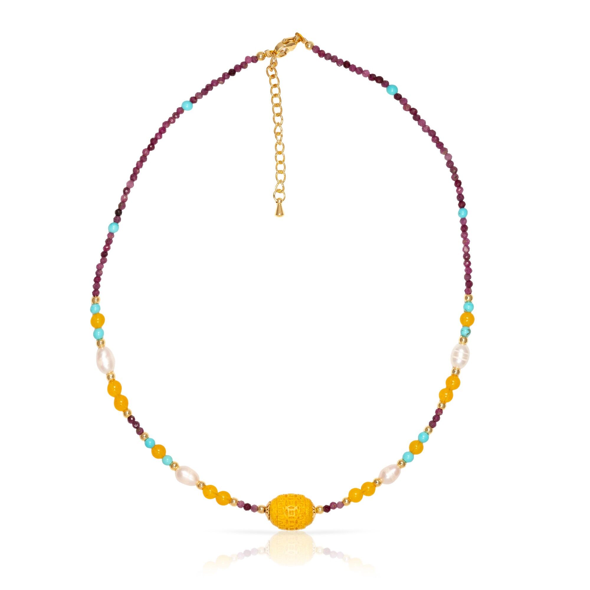 Collana in crisoberillo con tormalina, citrino, turchese e perle naturali con chiusura a moschettone. Colore:Multicolore