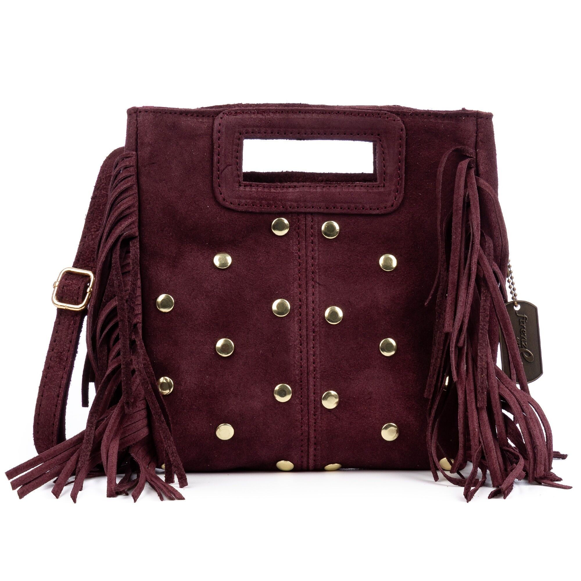 Borsa a tracolla da donna Barbata. Vera pelle scamosciata con borchie decorative.Colore: Borgogna scuro