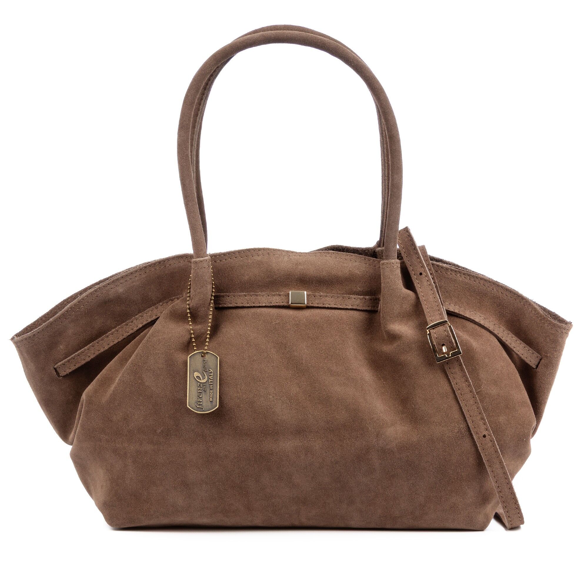 Borsa a tracolla da donna Baradili. Vera pelle scamosciata. Colore: tortora scuro