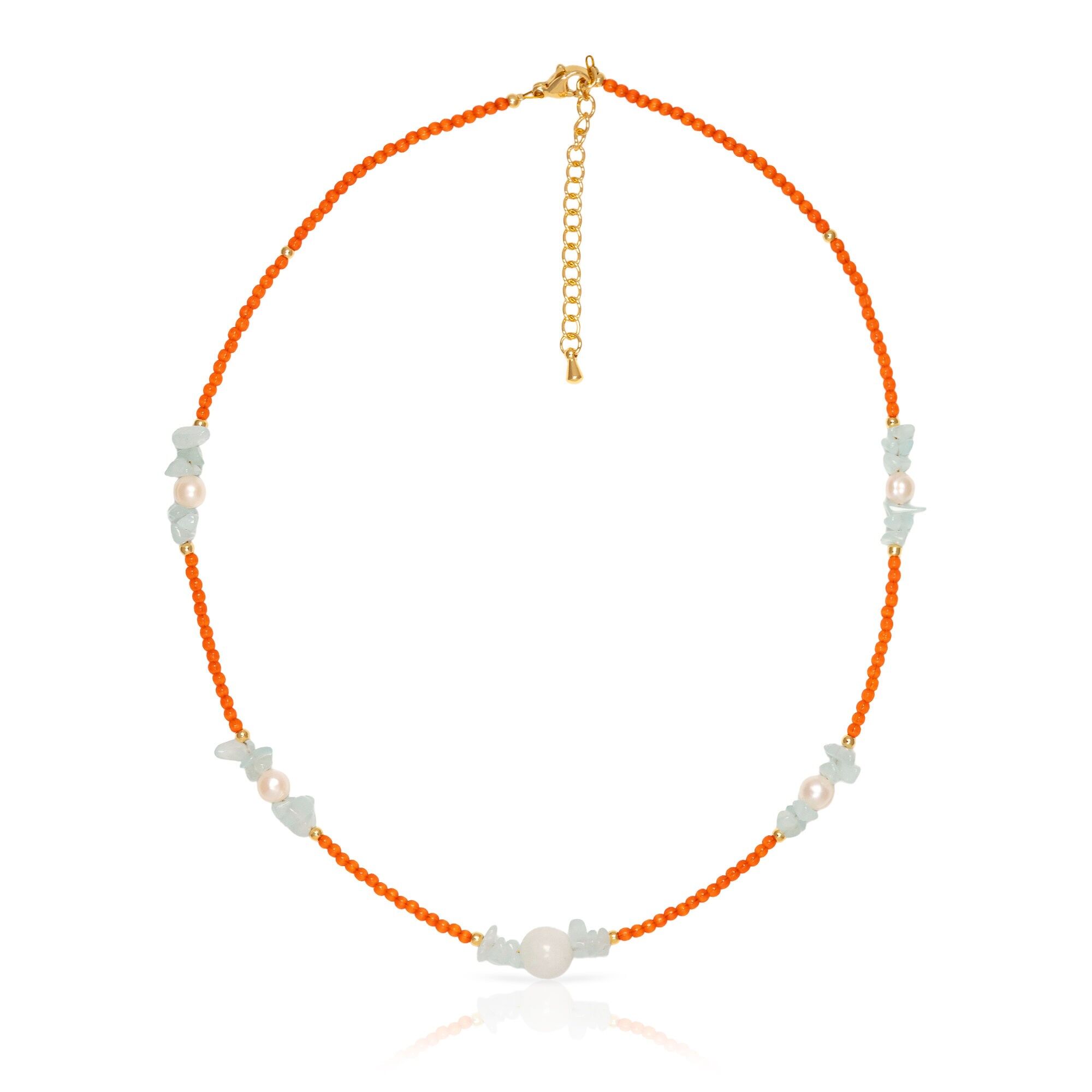 Collana in occhio di gatto arancione, lapislazzuli chiaro, marmo bianco e perle naturali con chiusura a moschettone. Colore:Multicolore