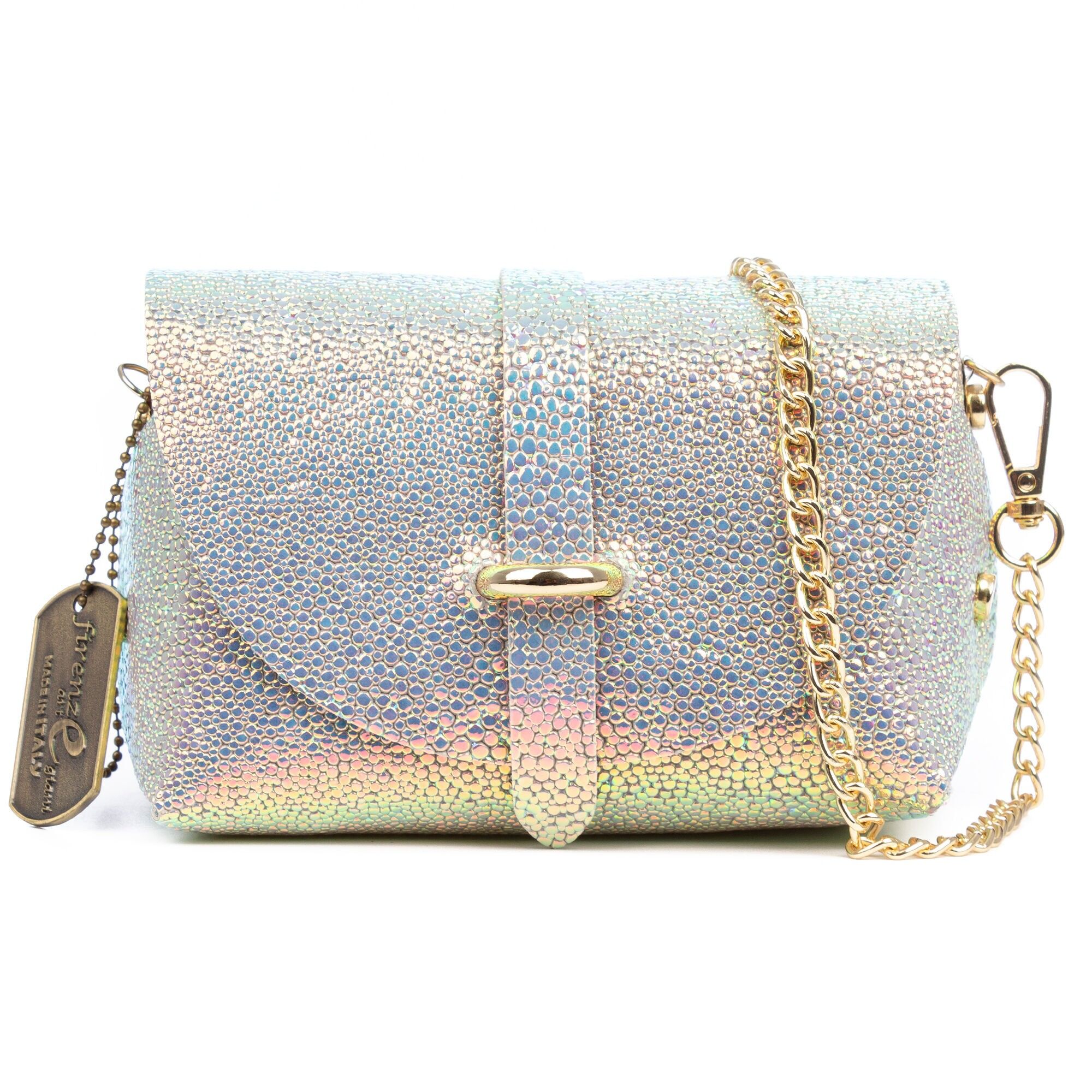 Borsa a tracolla Aurora da donna. Vera pelle scamosciata con finitura iridescente. Colore:Multicolore