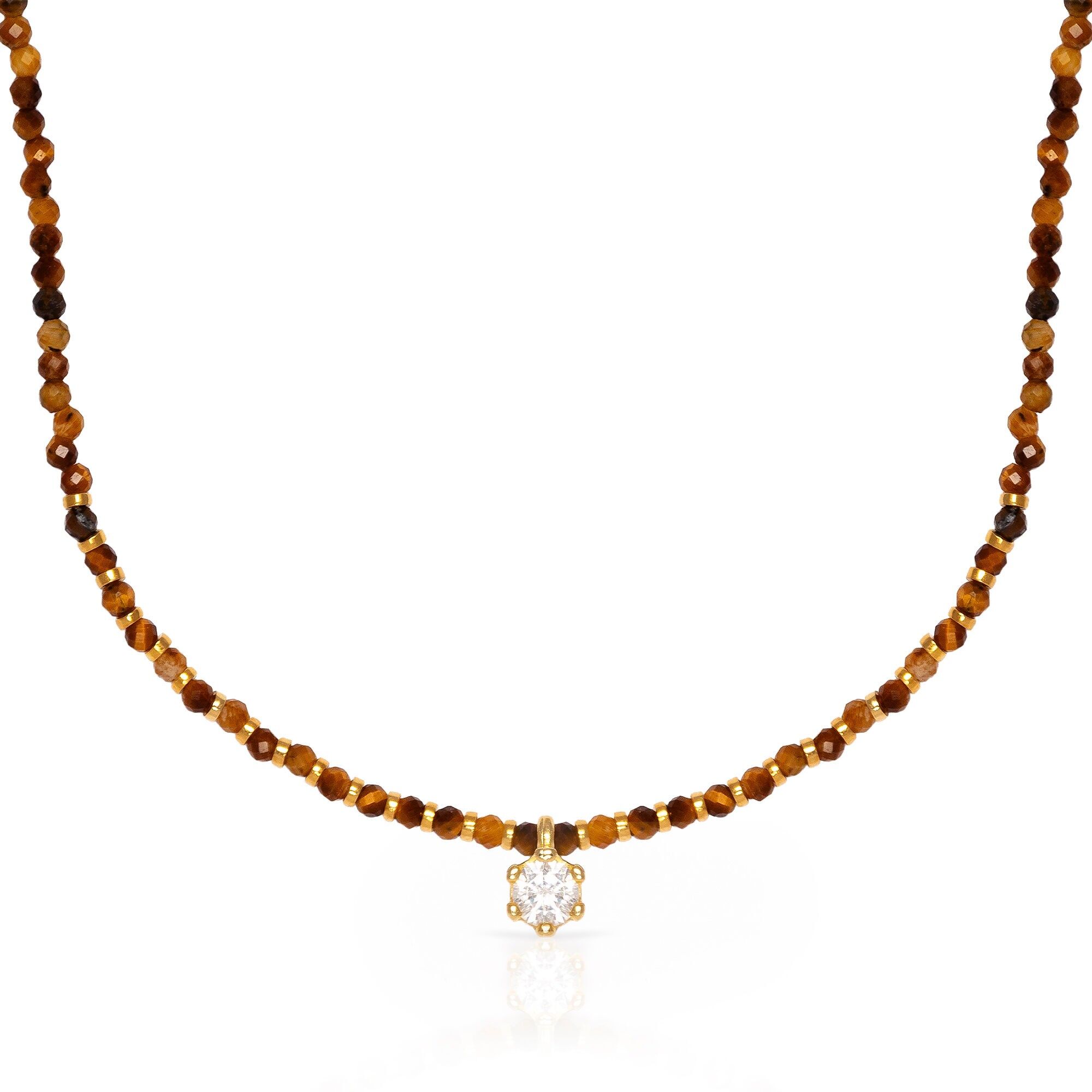 Collana in argento sterling 925 con perle di occhio di tigre e ciondolo a forma di corona in zircone, chiusura a molla. Colore: Oro