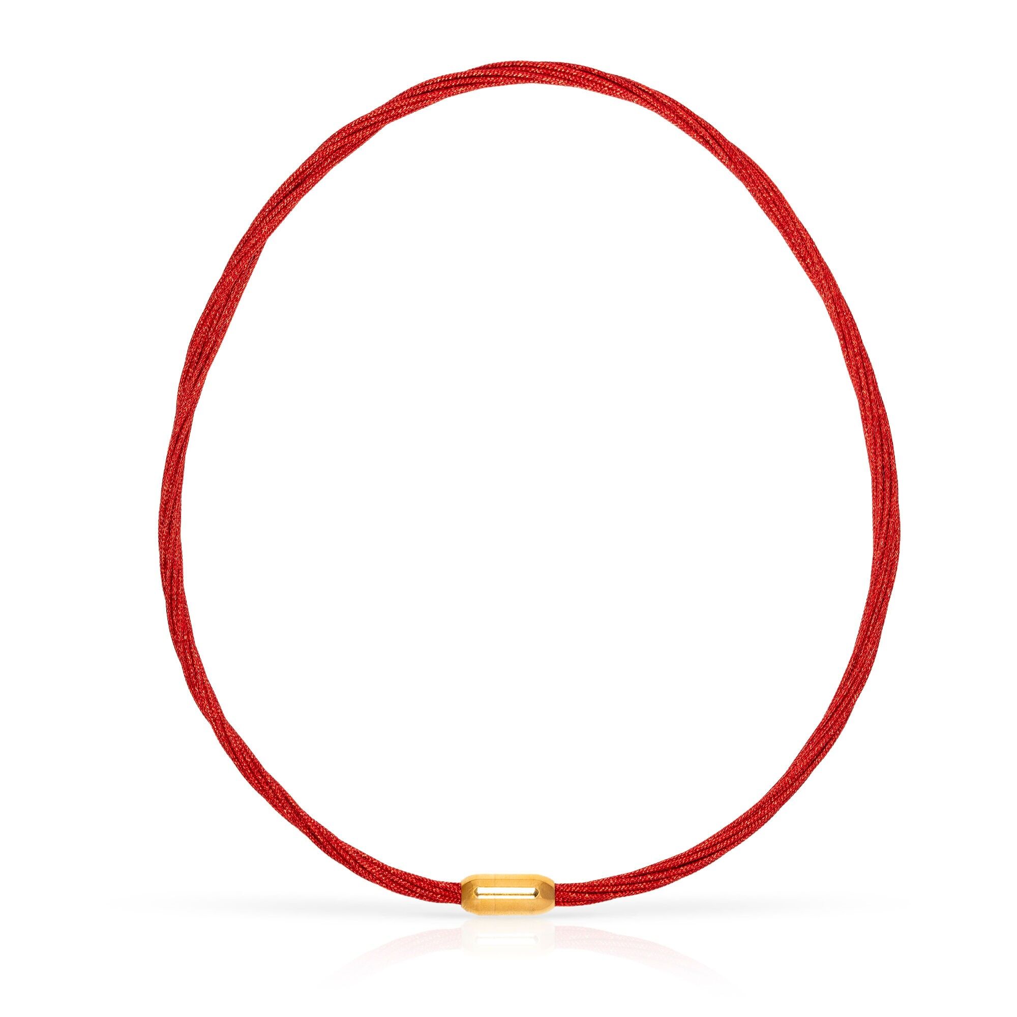 Multi-strand interlaced necklace of red nylon thread with gold copper magnetic clasp.Color: Red