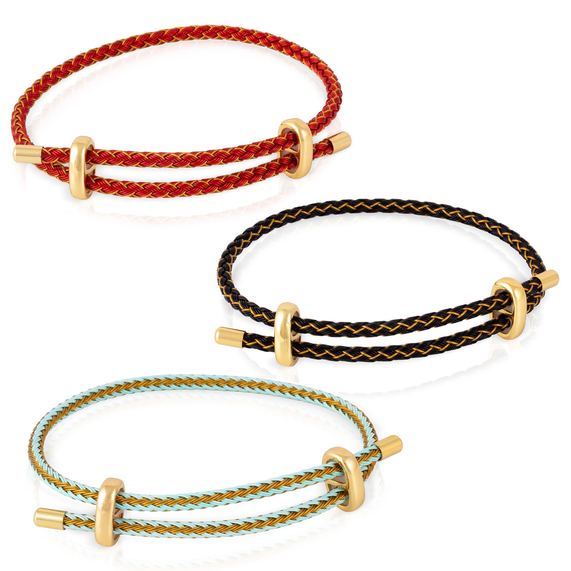 Pack of 3 braided double wire bracelets in black, red and green steel with a gold-plated copper cross clasp.Color:Multicolor