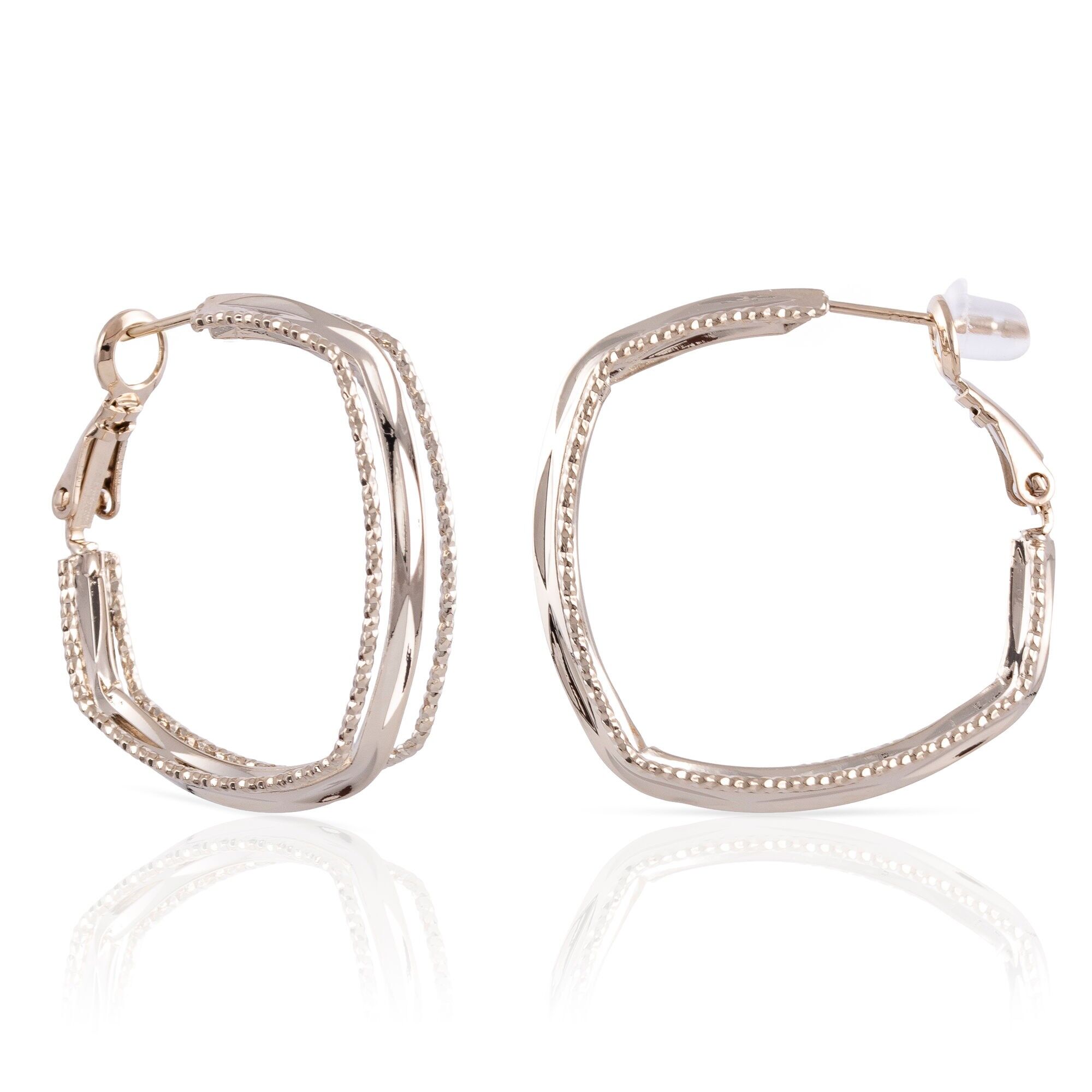 Orecchini a cerchio dal design geometrico in rame con rivestimento galvanico lucido, 30 mm, con chiusura catalana in argento sterling 925.Colore: argento