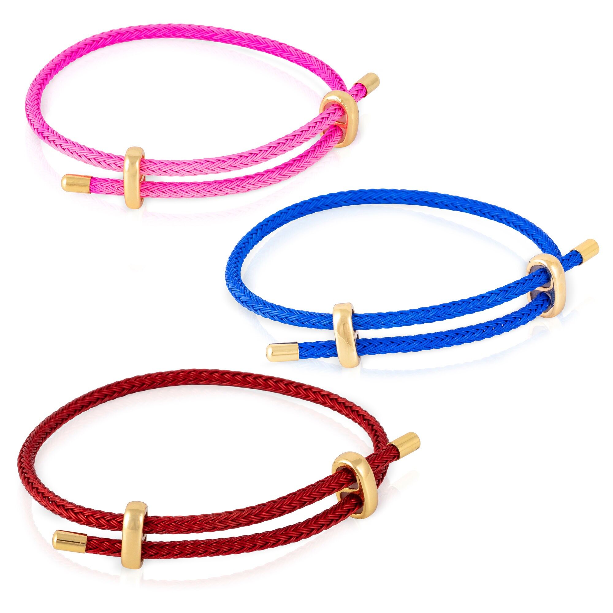 Pack of 3 braided steel wire bracelets in pink, blue and red with a gold-plated copper cross clasp.Color:Multicolor