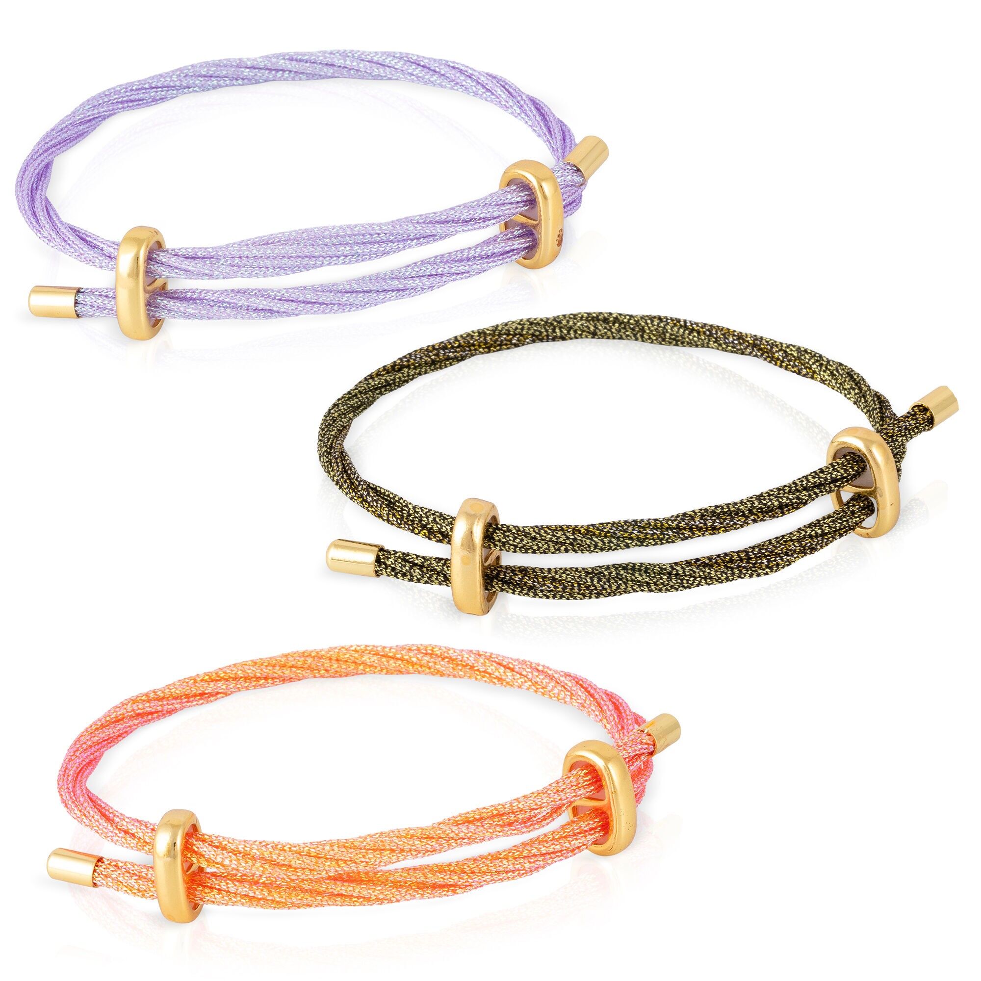 Confezione da 3 bracciali intrecciati multifilo in filo di nylon arancione, verde e lilla con chiusura a croce in rame placcato oro. Colore:Multicolore