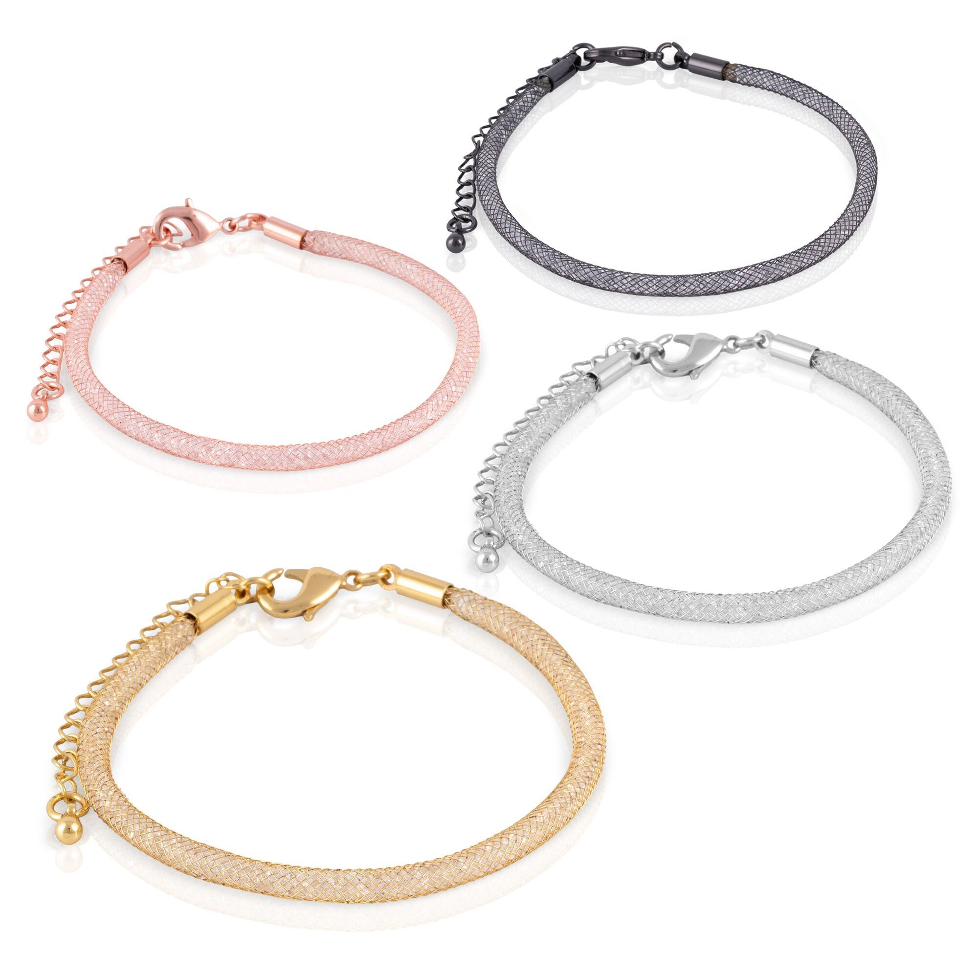 Pack of 4 copper mesh bracelets with sparkling crystal filling and copper lobster clasp.Color:Multicolor