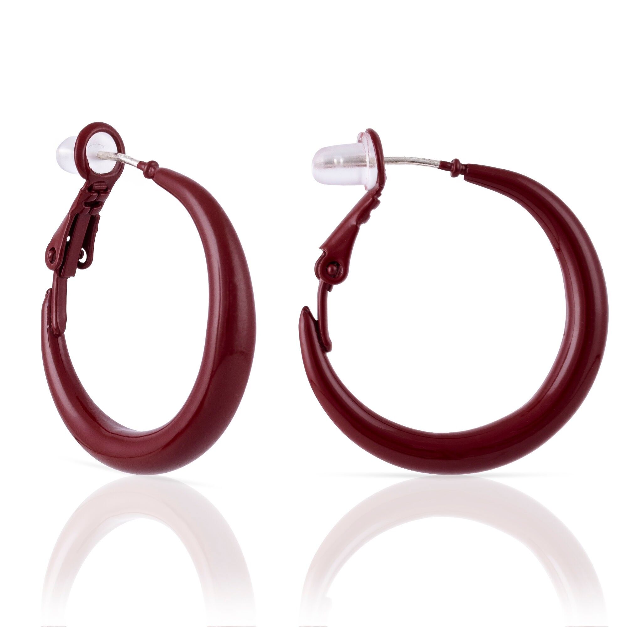 Orecchini a cerchio in rame semplice con rivestimento galvanico bianco, 26 mm, chiusura catalana in argento sterling 925 con finitura galvanica color granato. Colore: Granato