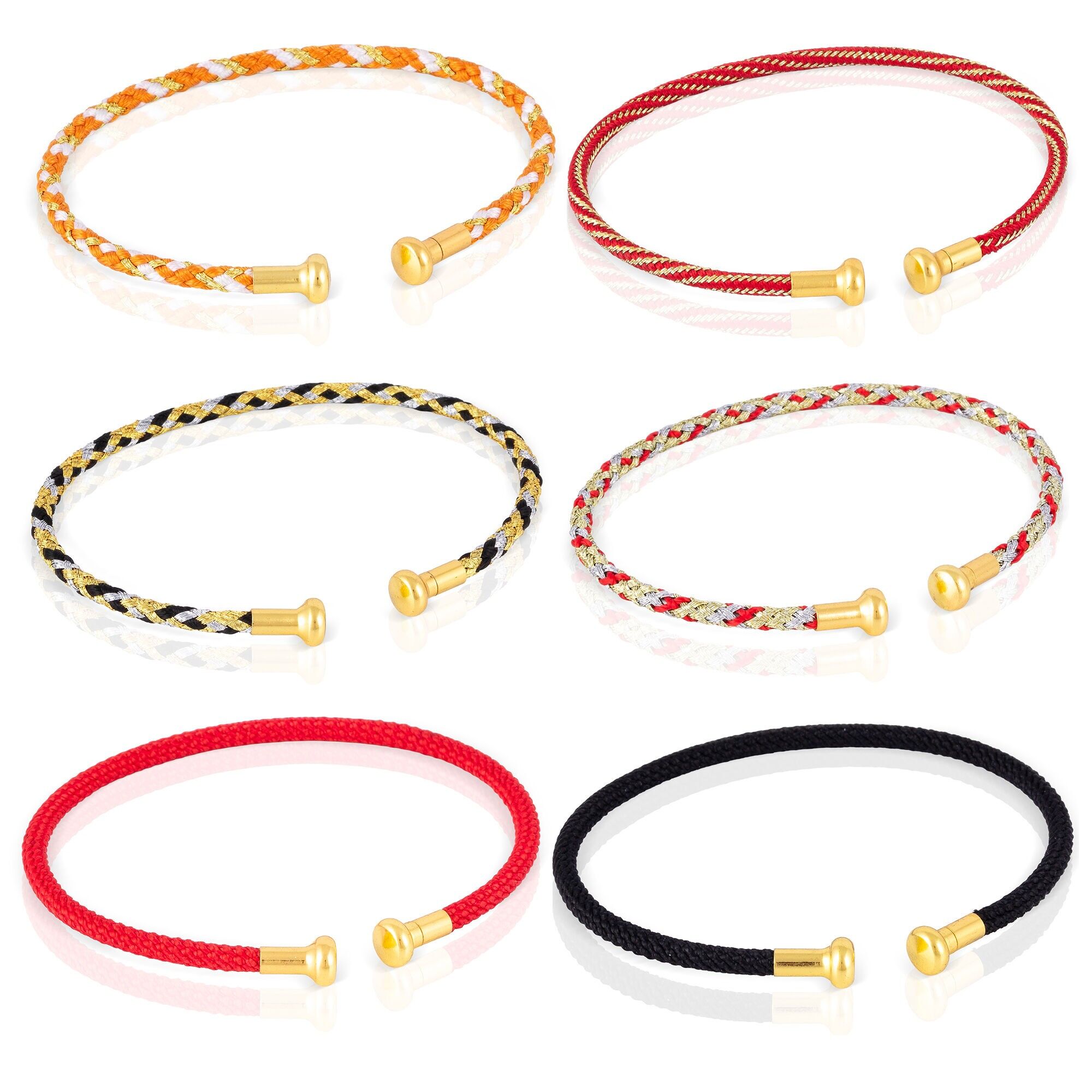 Pack of 6 rigid braided bracelets made of polyester thread filled with black, red and multicolored steel thread with a gold-plated copper open clasp.Color:Multicolor