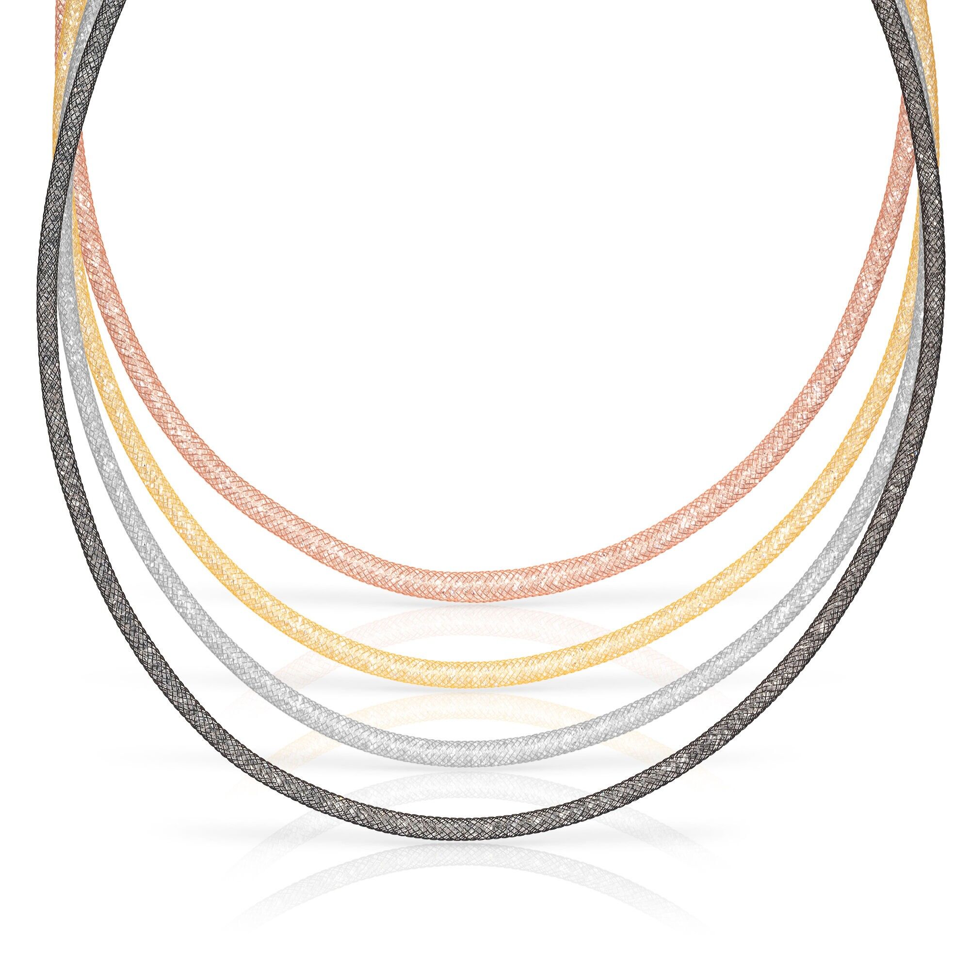 Confezione da 4 collane in maglia di rame con imbottitura in cristalli scintillanti e chiusura a moschettone in rame. Colore:Multicolore