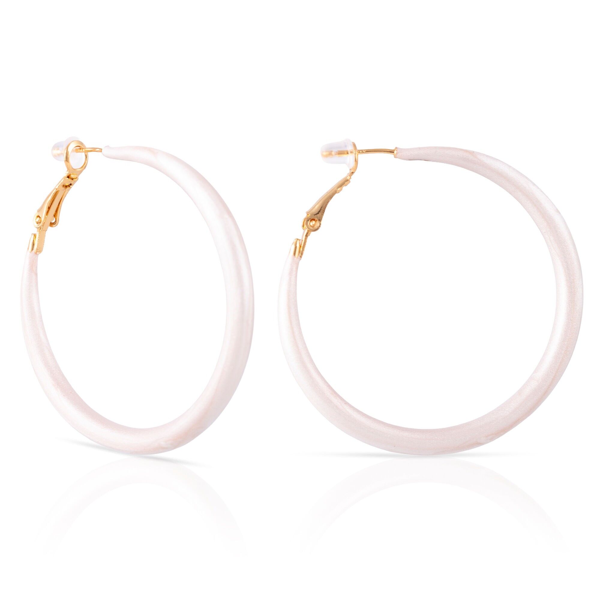 Orecchini a cerchio in rame semplice con rivestimento galvanico bianco, 50 mm, chiusura catalana in argento sterling 925 con finitura galvanica in oro.Colore: Bianco