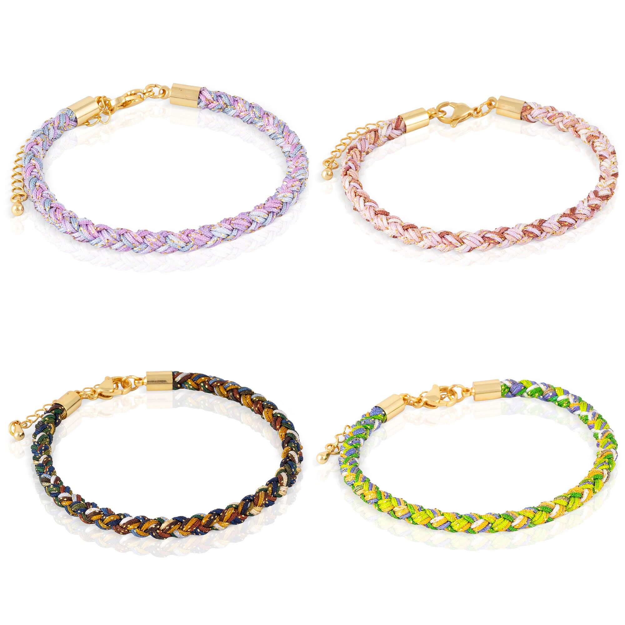 Confezione da 4 bracciali intrecciati in filo d'acciaio multicolore con chiusura a moschettone in rame placcato oro. Colore:Multicolore