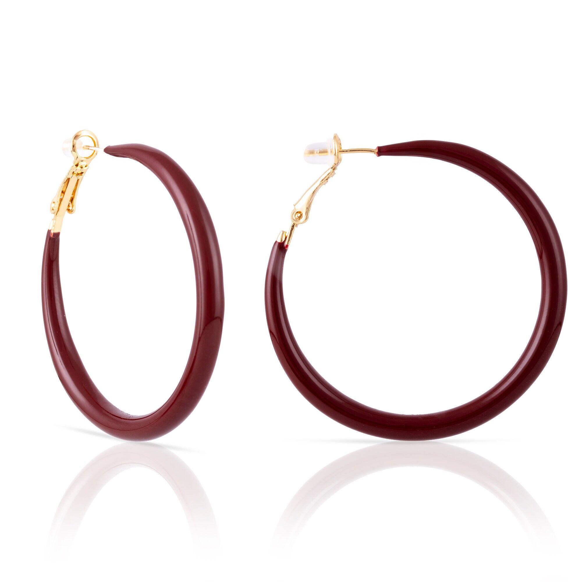 Orecchini a cerchio in rame semplice con rivestimento galvanico color granato, 50 mm, chiusura catalana in argento sterling 925 con finitura galvanica in oro. Colore: Granato