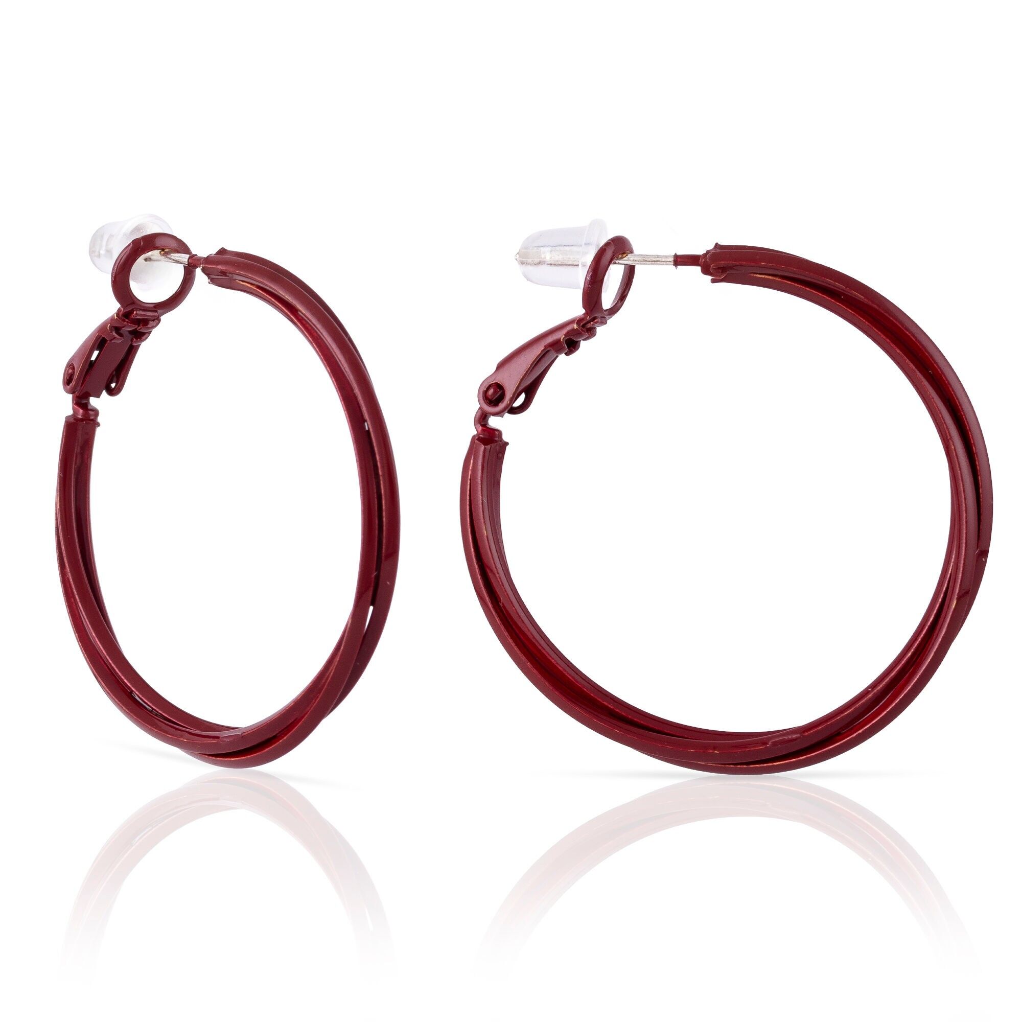 Orecchini a cerchio intrecciati in rame liscio con rivestimento galvanico bianco, 30 mm, chiusura catalana in argento sterling 925 con finitura galvanica color granato. Colore: Granato