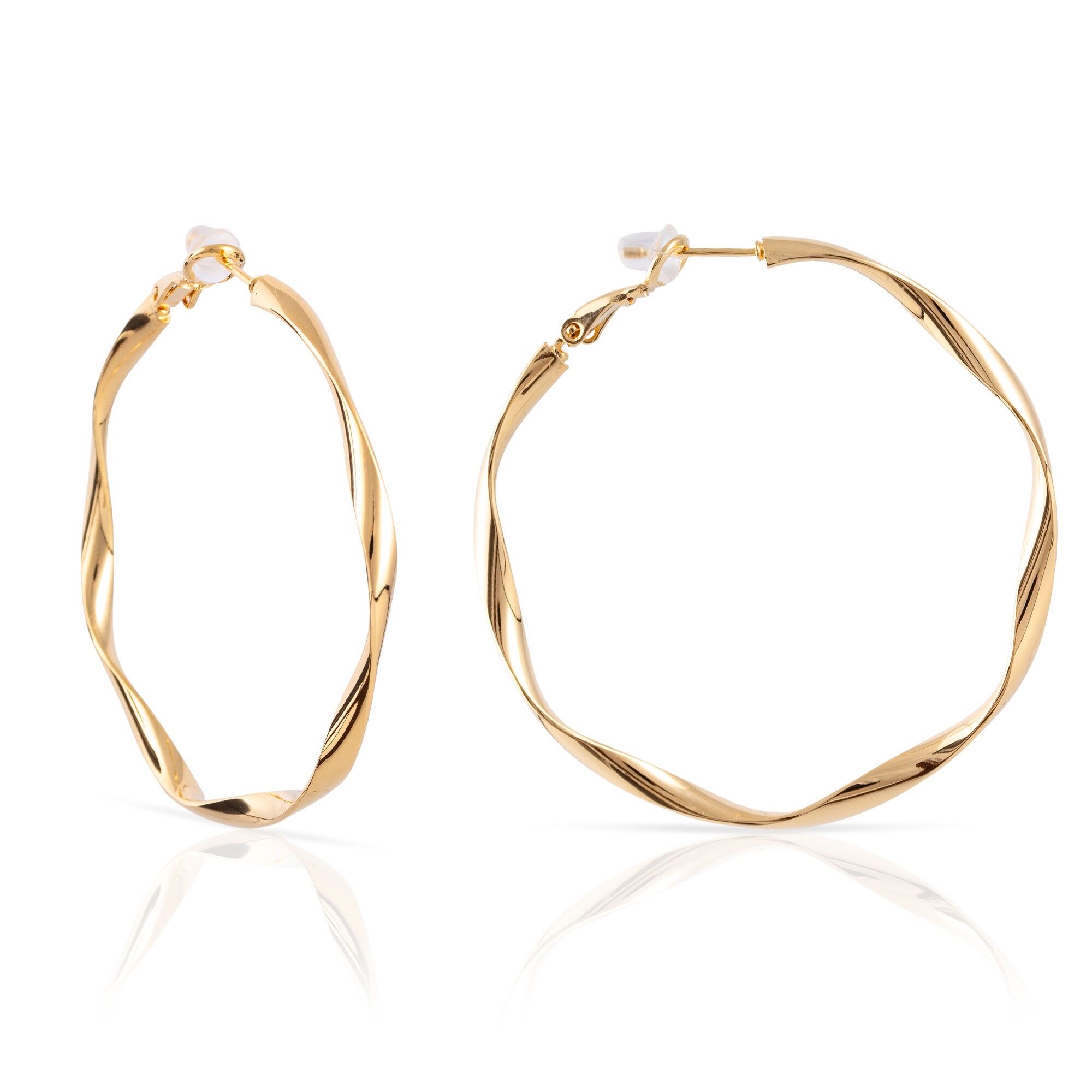 Orecchini a cerchio ondulati in rame con placcatura in oro autentico, 50 mm, chiusura catalana in argento sterling 925 con finitura galvanica in oro. Colore: Oro