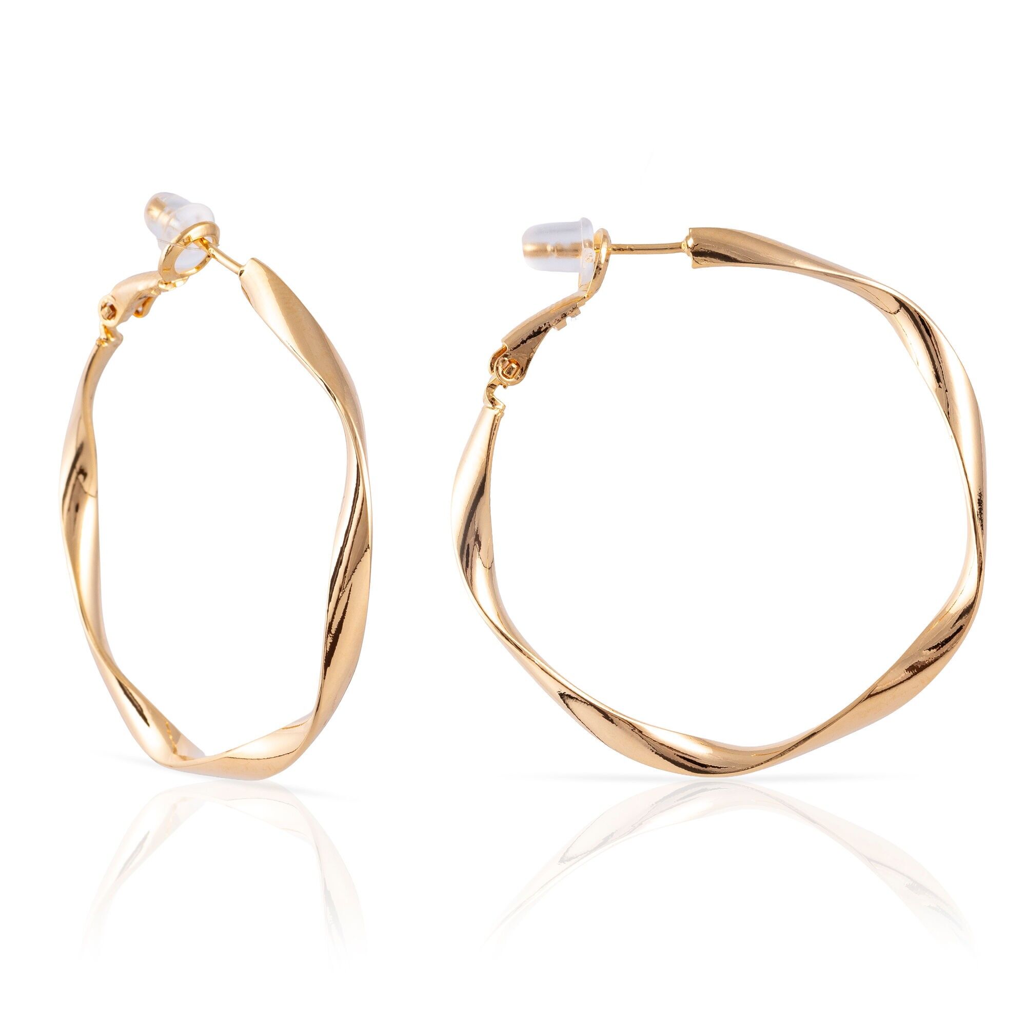 Orecchini a cerchio ondulati in rame con placcatura in oro genuino, 40 mm, chiusura catalana in argento sterling 925 con finitura galvanica in oro. Colore: Oro