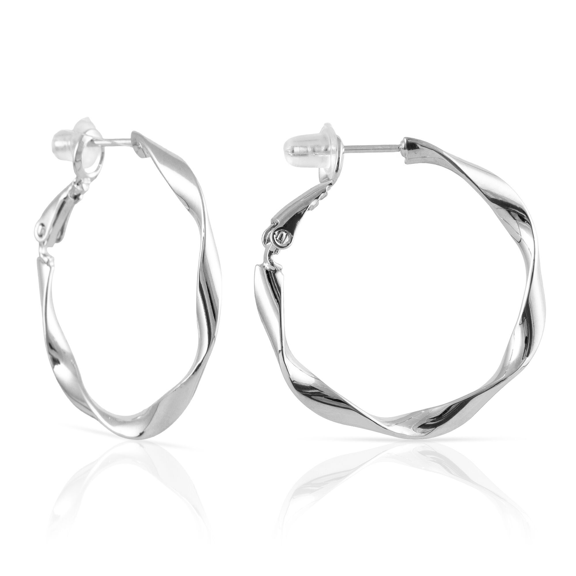 Orecchini a cerchio ondulati in rame con rivestimento galvanico, 30 mm, con chiusura catalana in argento sterling 925.Colore: argento