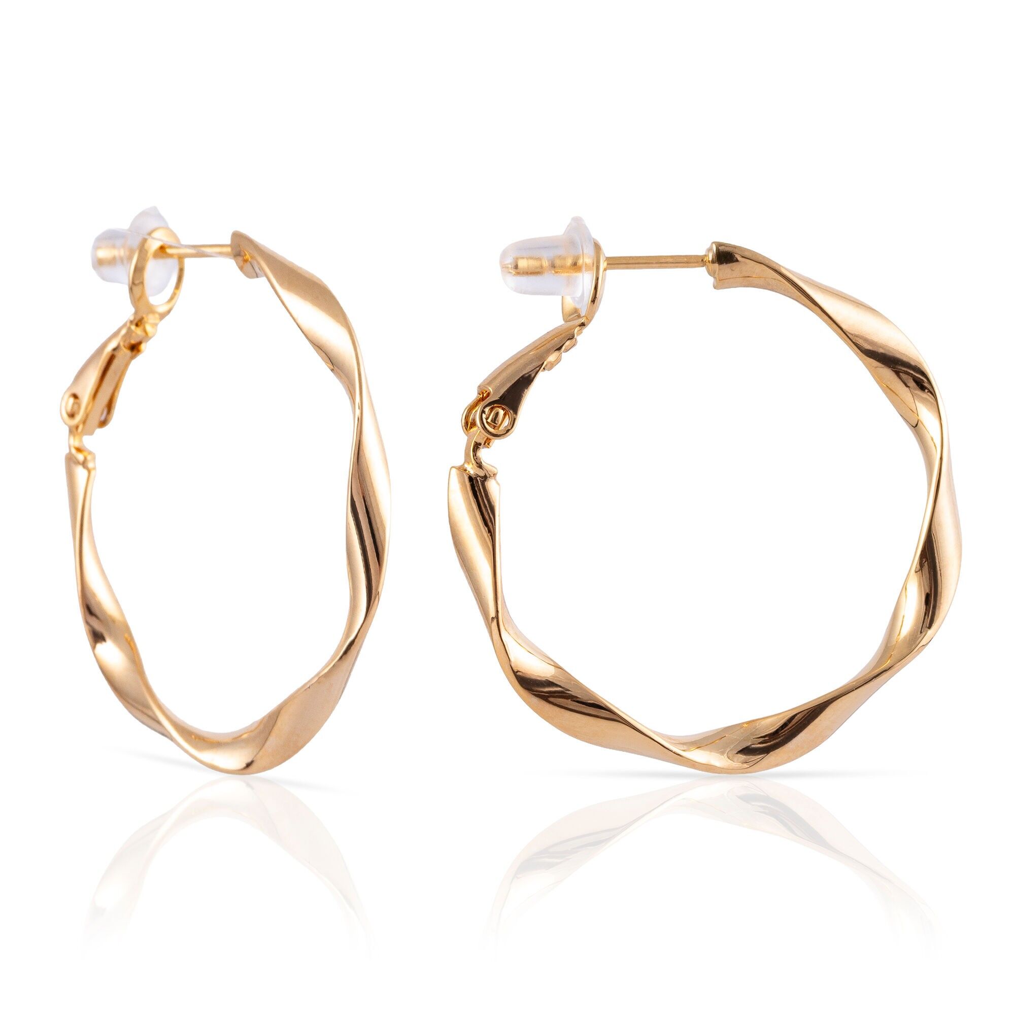 Orecchini a cerchio ondulati in rame con placcatura in oro genuino, 30 mm, chiusura catalana in argento sterling 925 con finitura galvanica in oro. Colore: Oro