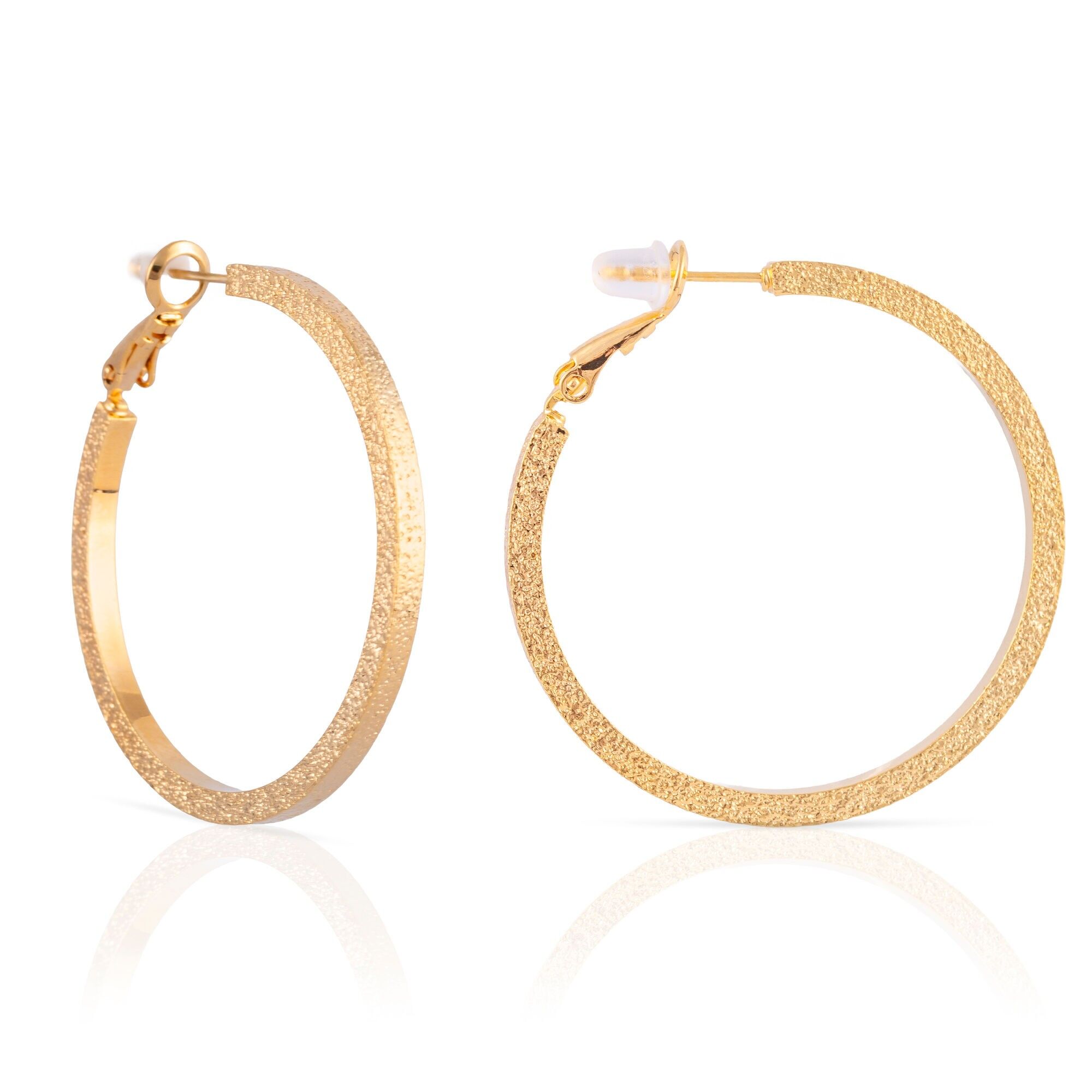 Orecchini a cerchio piatti in rame con placcatura in oro autentico e finitura lucida, 40 mm, chiusura a catapulta in argento sterling 925 con finitura galvanica in oro. Colore: Oro