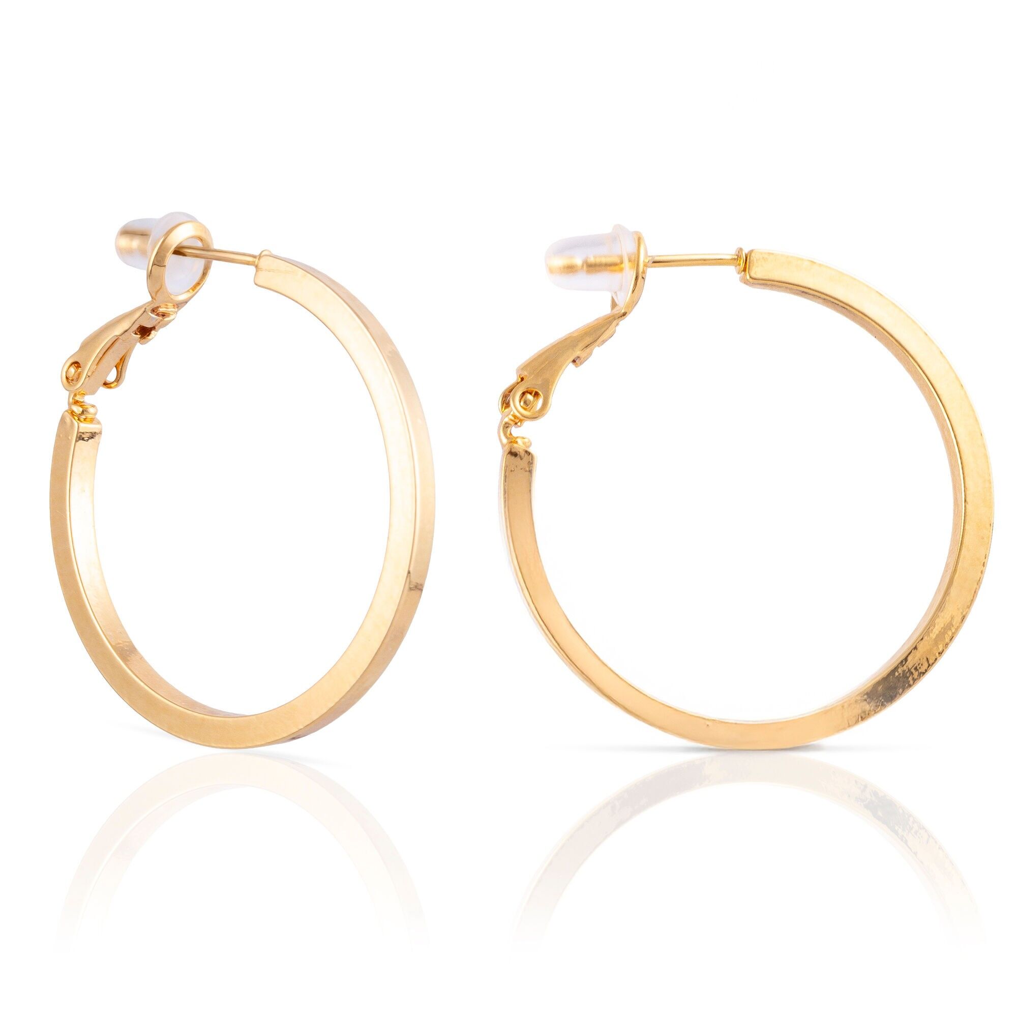 Orecchini a cerchio piatti in rame con placcatura in oro genuino, 30 mm, chiusura catalana in argento sterling 925 con finitura galvanica in oro. Colore: Oro