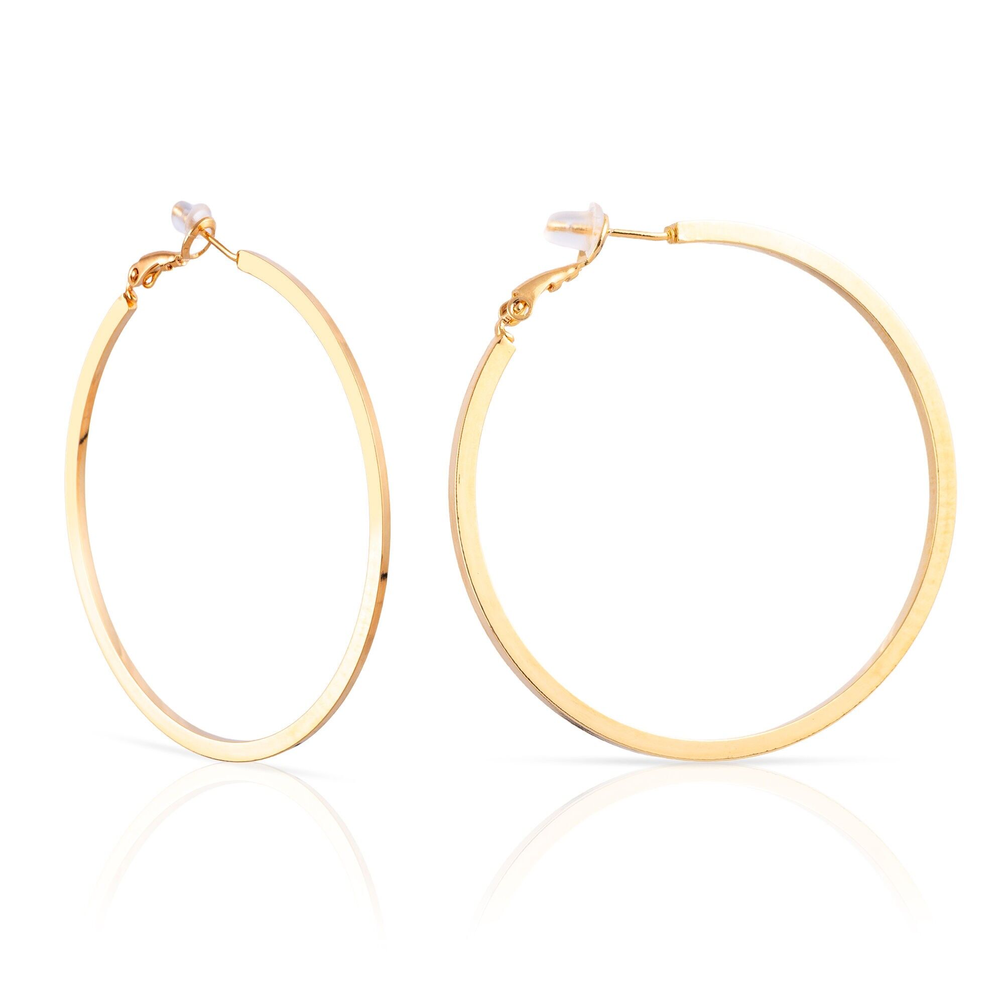 Orecchini a cerchio piatti in rame con placcatura in oro genuino, 50 mm, chiusura catalana in argento sterling 925 con finitura galvanica in oro. Colore: Oro