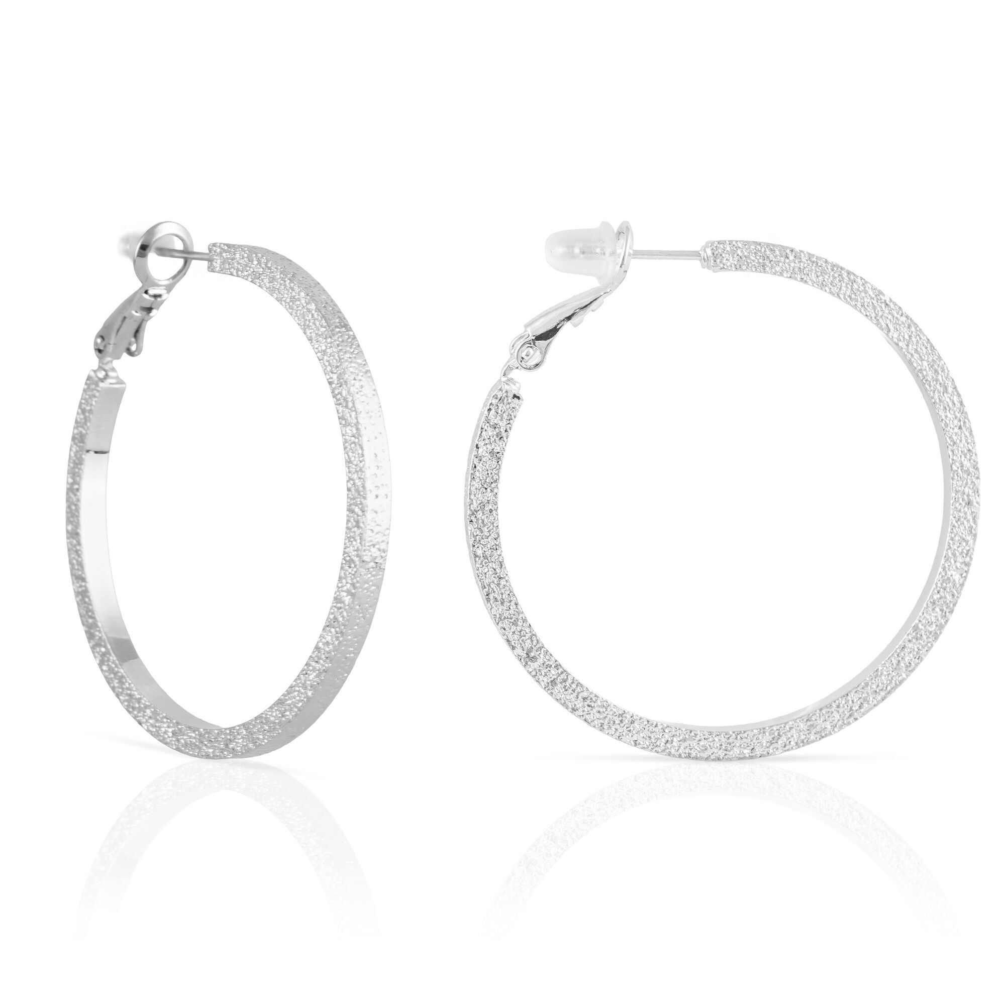 Orecchini a cerchio piatti in rame con rivestimento galvanico lucido, 40 mm, con chiusura catalana in argento sterling 925.Colore: argento