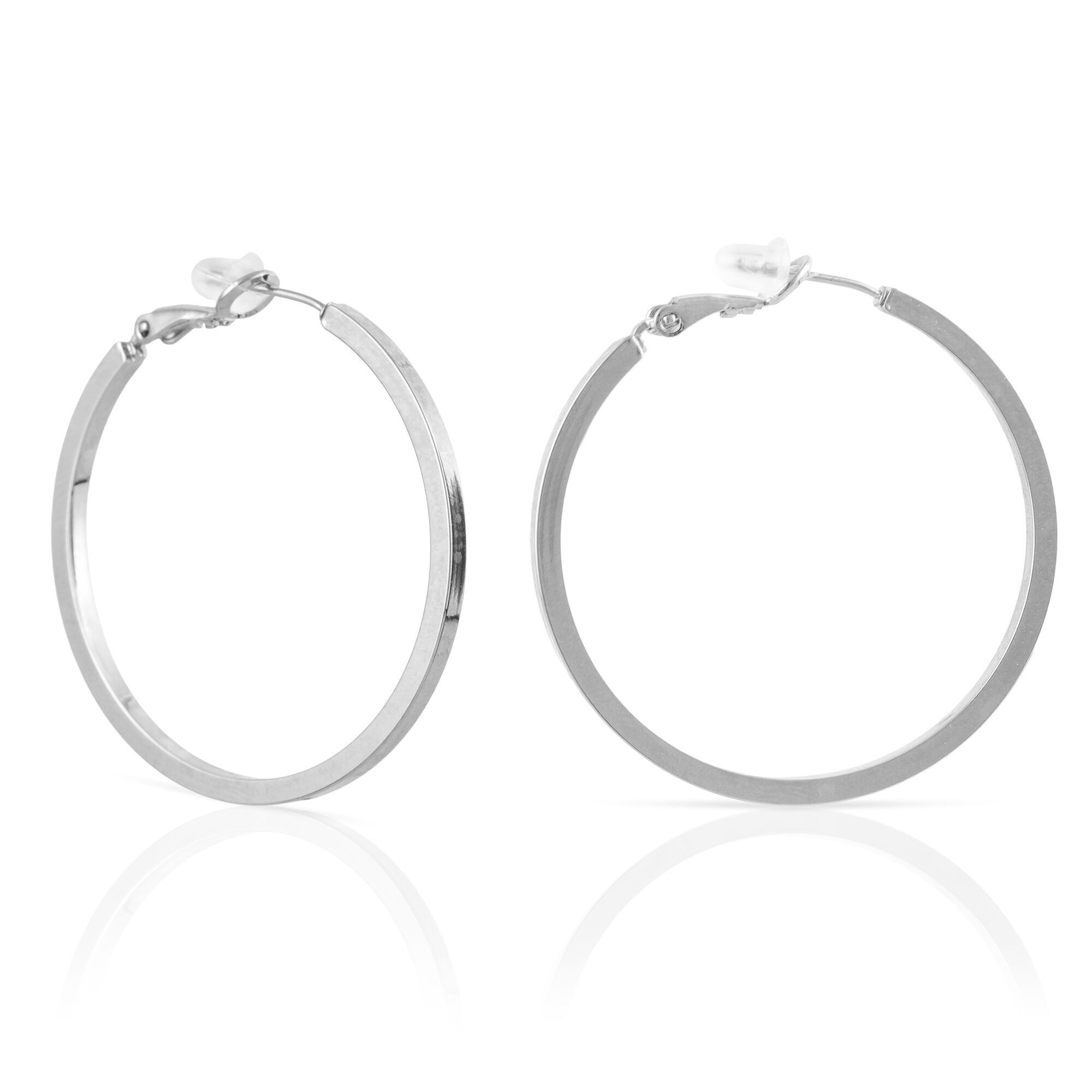 Orecchini a cerchio piatti in rame con rivestimento galvanico, 40 mm, con chiusura catalana in argento sterling 925.Colore: argento