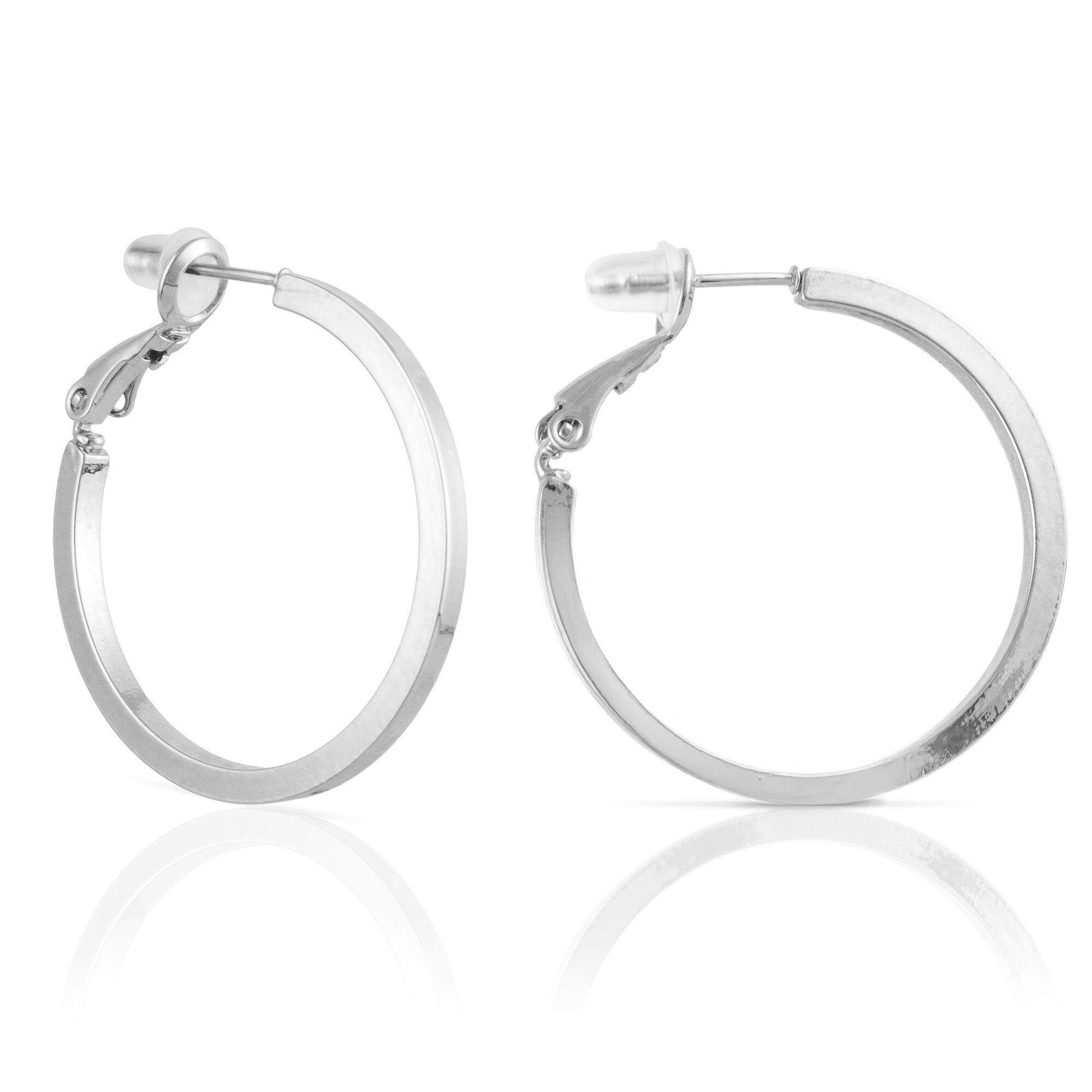 Orecchini a cerchio piatti in rame con rivestimento galvanico, 30 mm, con chiusura catalana in argento sterling 925.Colore: argento