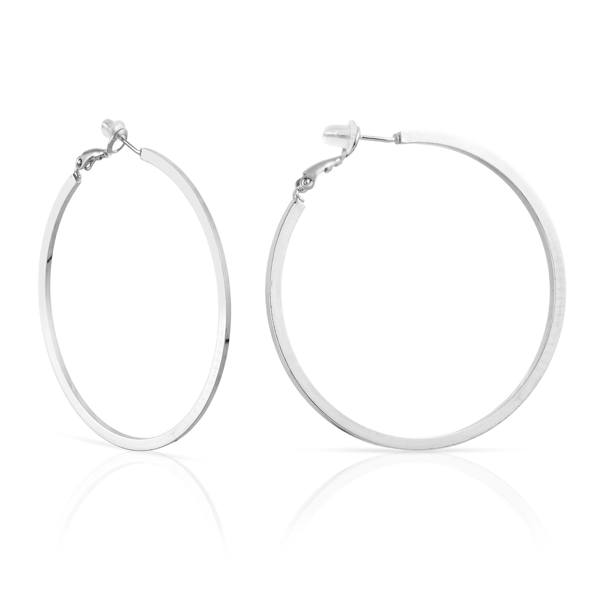 Orecchini a cerchio piatti in rame con rivestimento galvanico, 50 mm, con chiusura catalana in argento sterling 925.Colore: argento