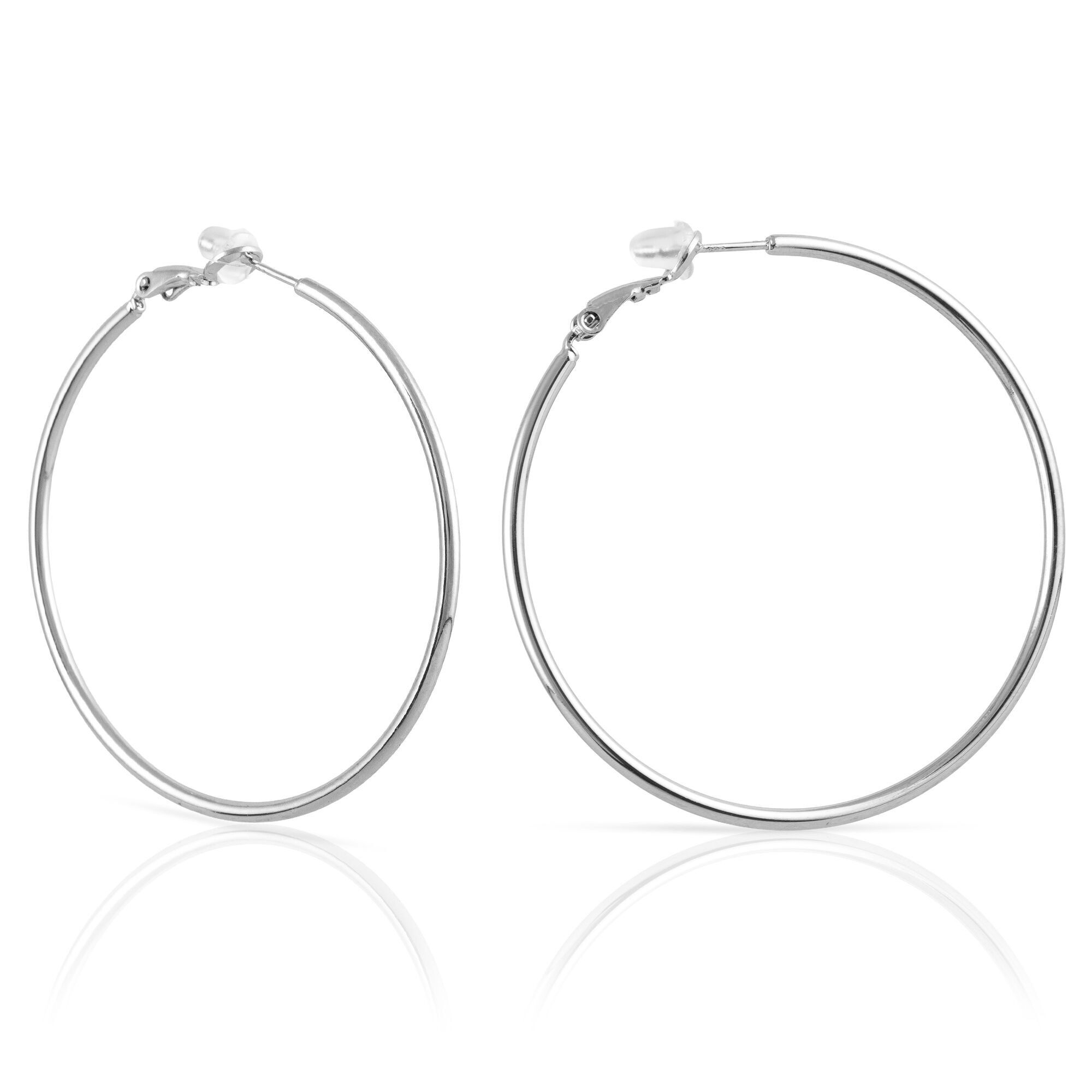 Orecchini a cerchio rotondi in rame con rivestimento galvanico, 50 mm, con chiusura catalana in argento sterling 925.Colore: argento