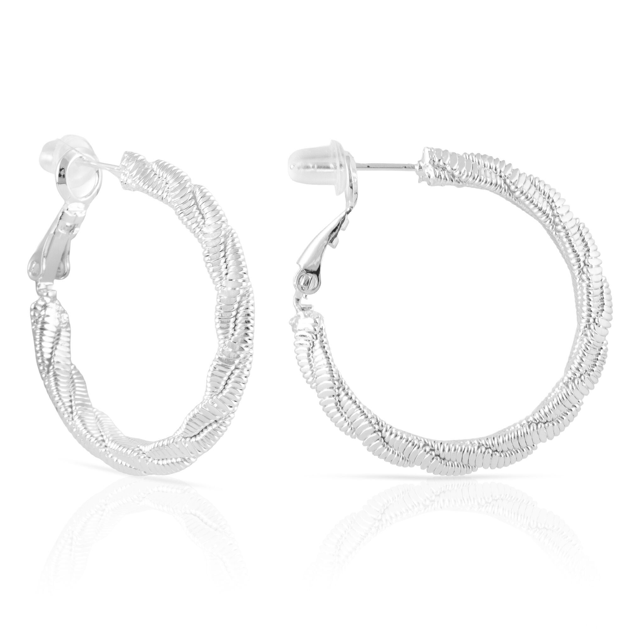 Orecchini a cerchio in rame intrecciato con rivestimento galvanico lucido, 25 mm, con chiusura catalana in argento sterling 925.Colore: argento