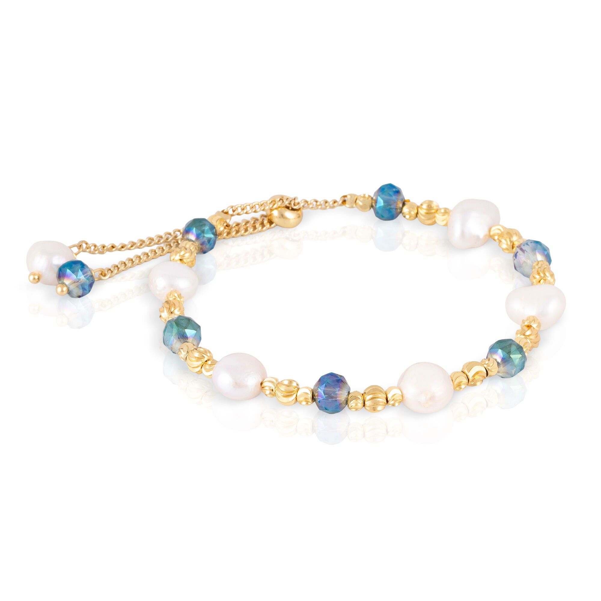 Bracciale regolabile realizzato con perle dorate, cristalli scintillanti e perle naturali. Colore:Multicolore