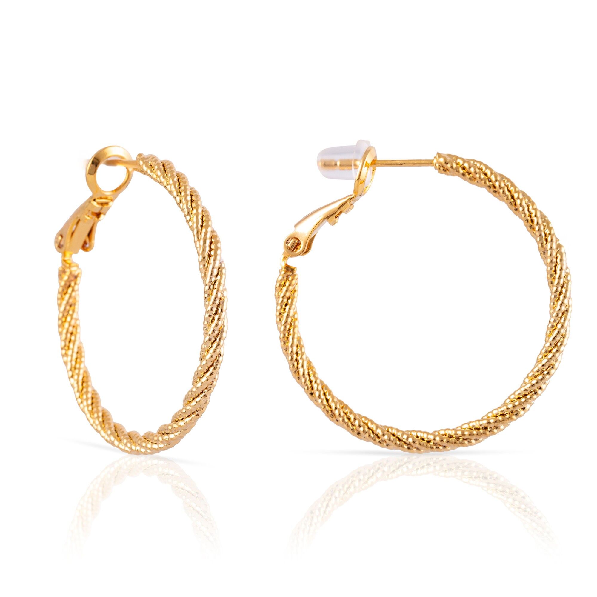 Orecchini a cerchio intrecciati in rame con placcatura in oro autentico e finitura lucida, 30 mm, chiusura a catapulta in argento sterling 925 con finitura galvanica in oro. Colore: Oro