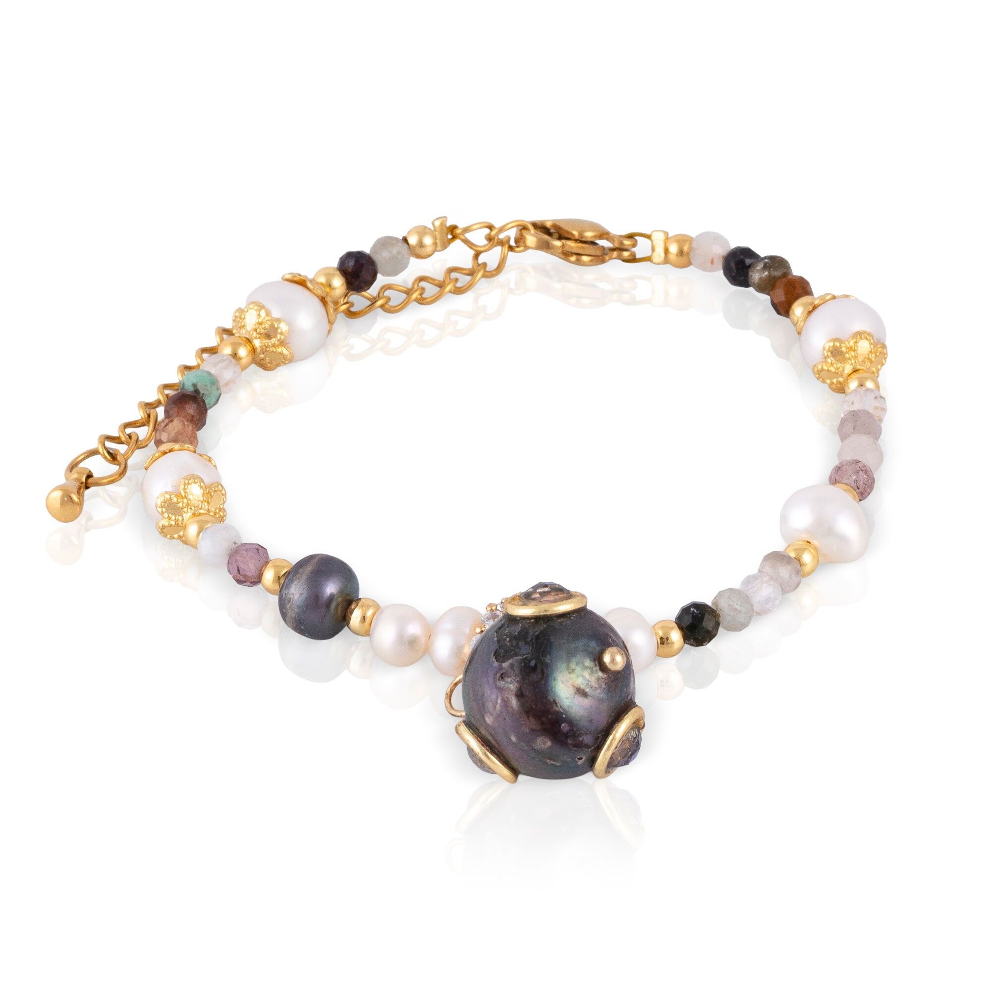 Bracciale barocco con pendente di perla nera, zirconi cubici e chiusura a moschettone. Colore:Multicolore