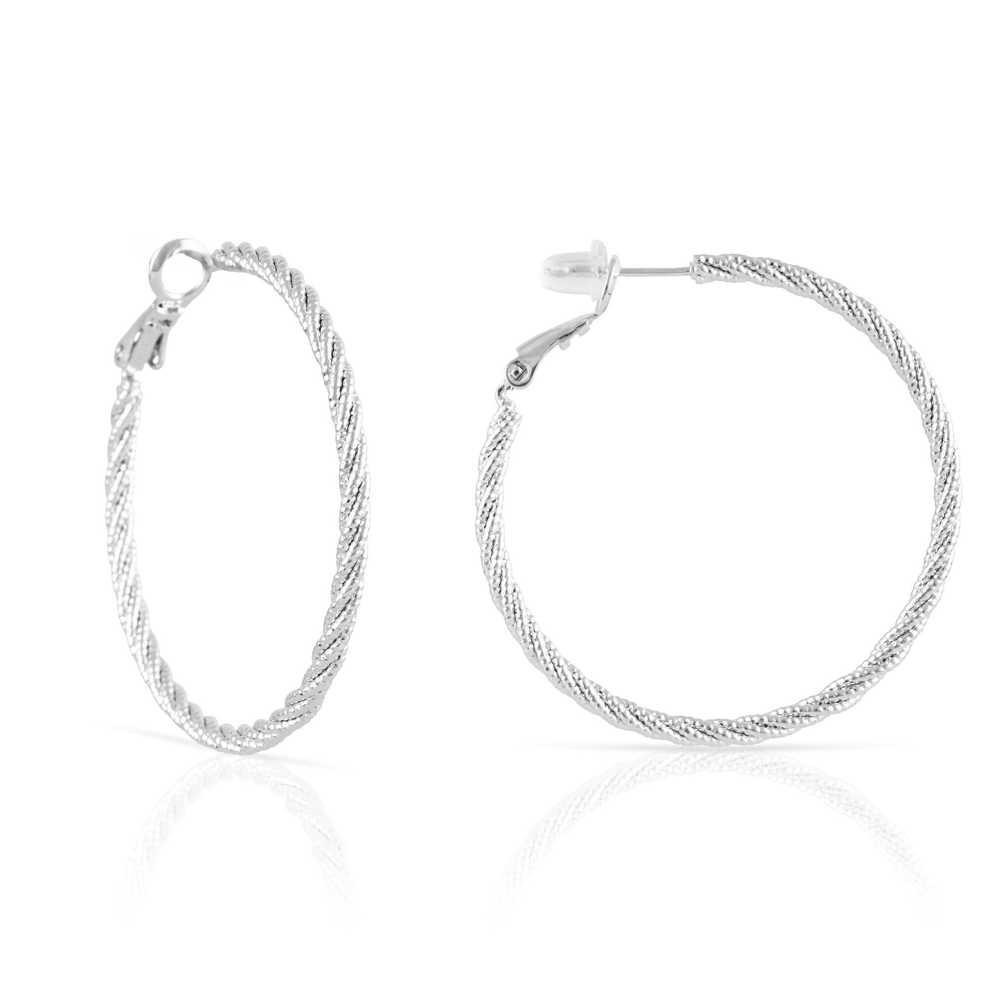 Orecchini a cerchio in rame intrecciato con rivestimento galvanico lucido, 40 mm, con chiusura catalana in argento sterling 925.Colore: argento