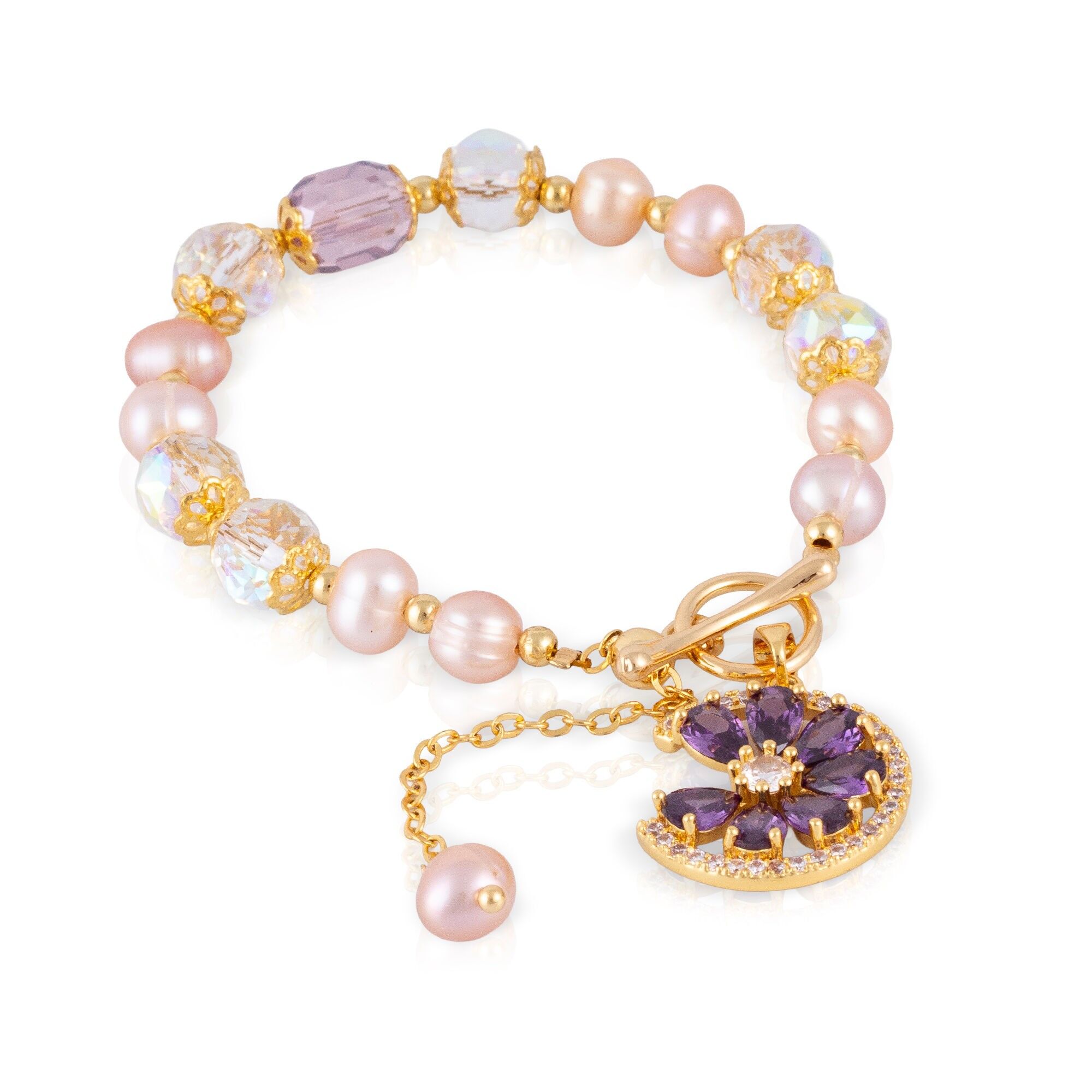 Bracciale con ciondolo a forma di margherita, zirconi cubici multicolori, cristallo scintillante bifacciale e perle naturali. Colore:Multicolore