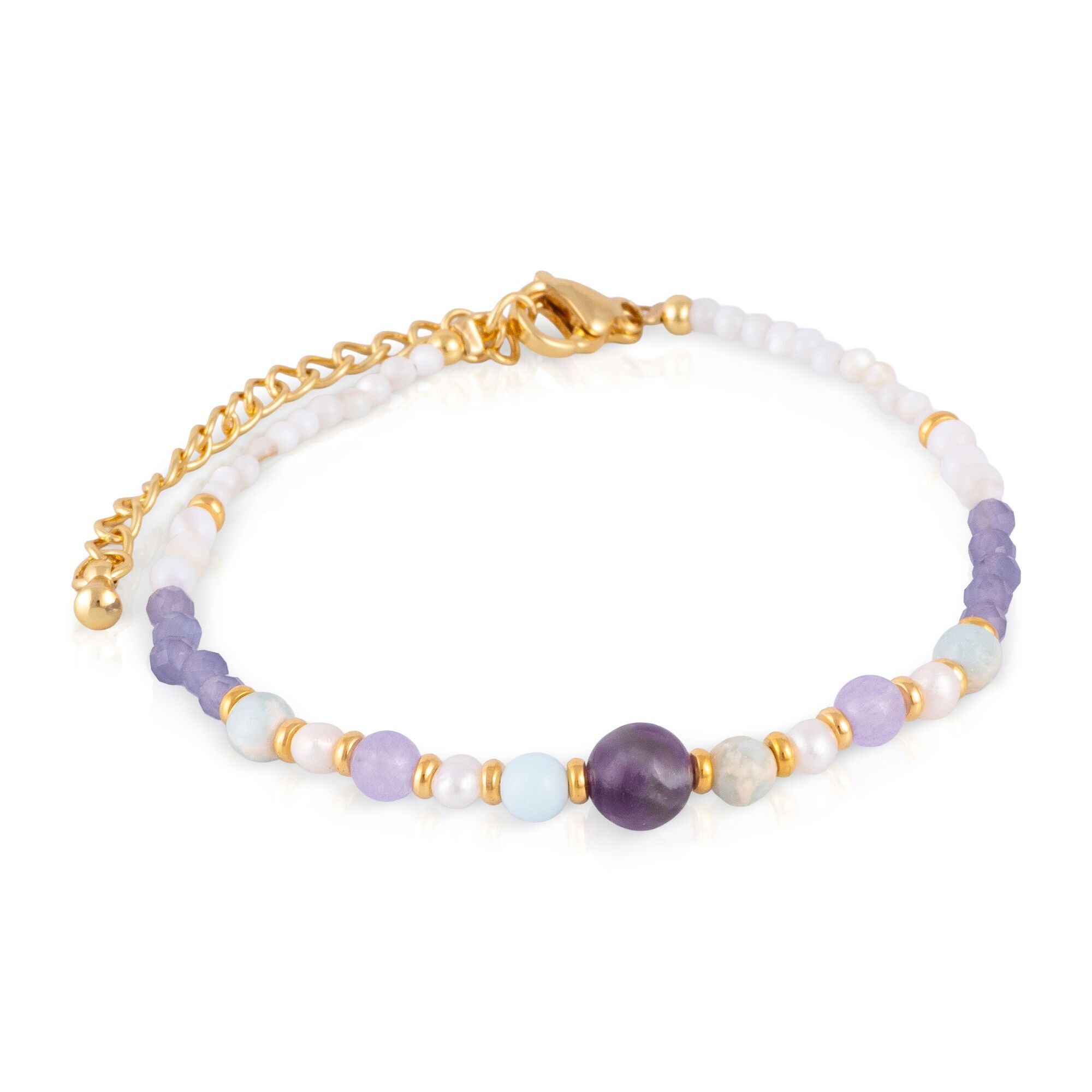 Bracciale in ametista, pietre Shoushan, conchiglie bianche e perle naturali con chiusura a moschettone. Colore:Multicolore