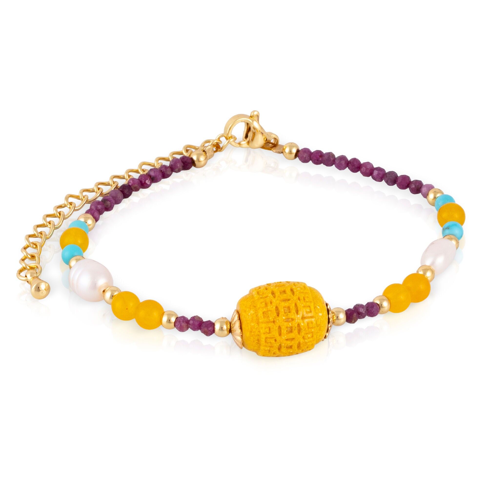 Bracciale in crisoberillo, tormalina, citrino, turchese e perle naturali con chiusura a moschettone. Colore:Multicolore