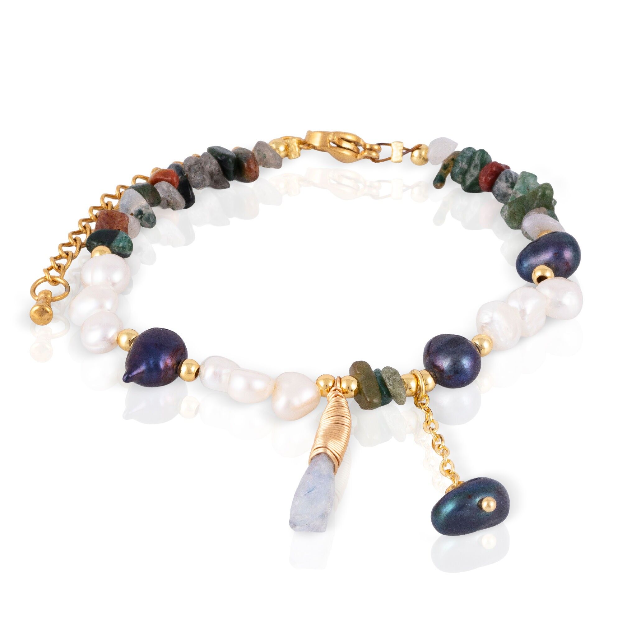 Braccialetto di cristalli naturali, tormalina, perle e chiusura a moschettone. Colore:Multicolore