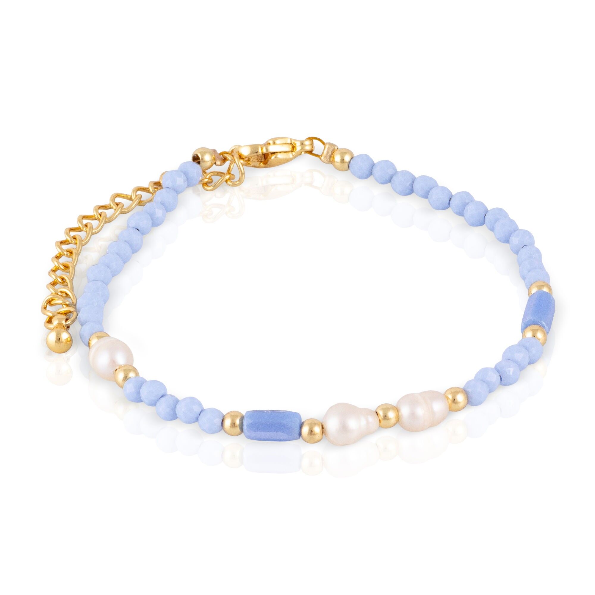 Bracciale di cristalli blu e perle naturali con chiusura a moschettone. Colore:Multicolore