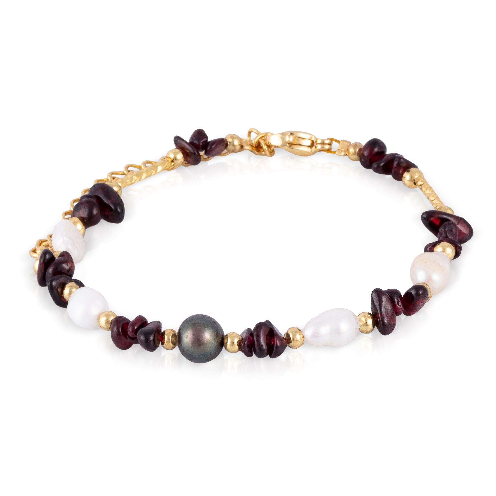 Bracciale in granato con pietre naturali e perle con chiusura a moschettone. Colore:Multicolore