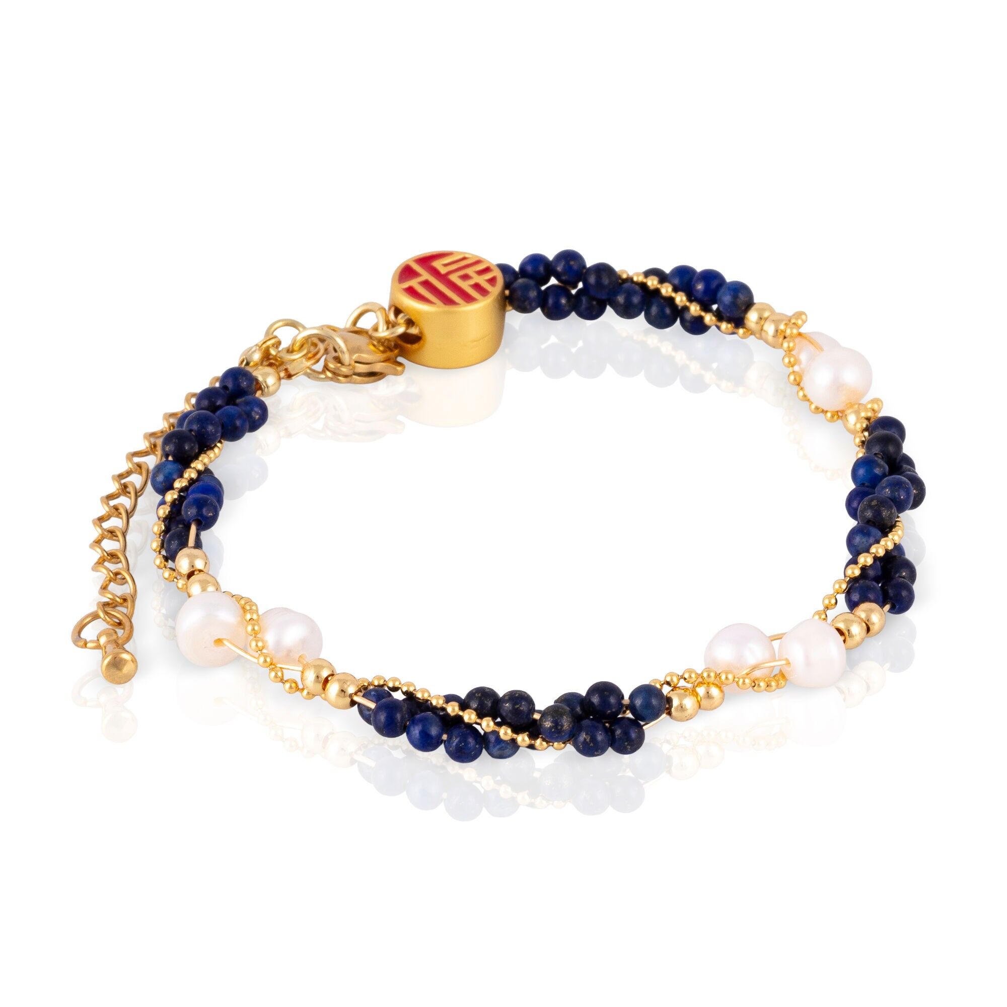 Braccialetto realizzato con lapislazzuli, perle naturali, il simbolo "福" (Fú) e una chiusura a moschettone. Colore:Multicolore