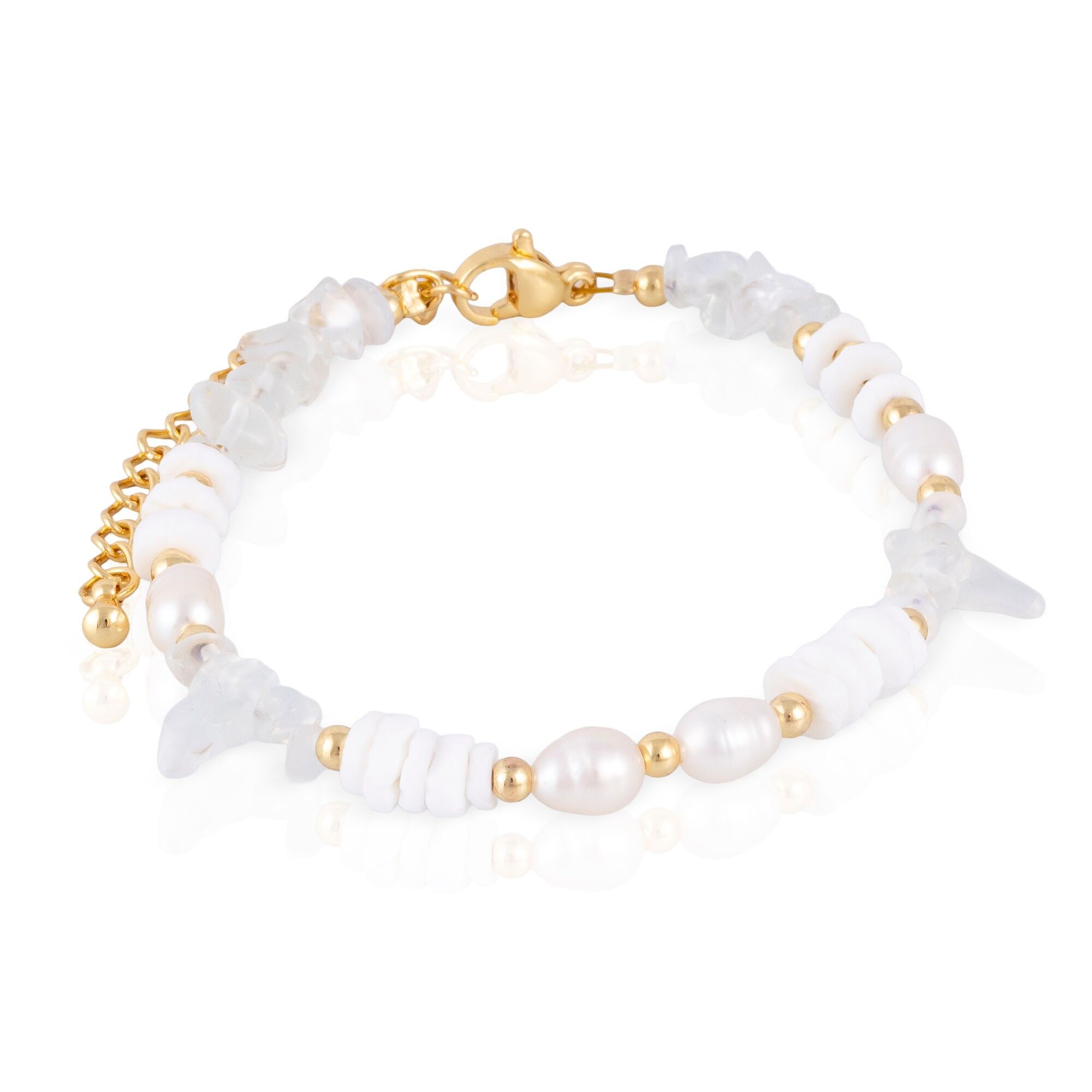 Bracciale in opale, conchiglie e perle naturali con chiusura a moschettone. Colore:Multicolore