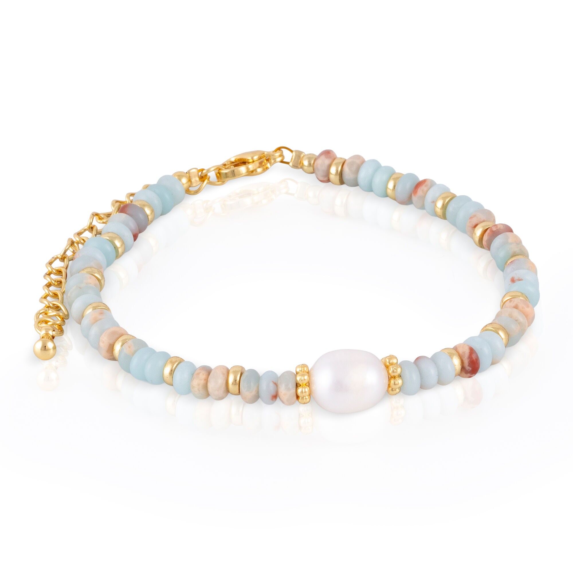 Bracciale realizzato con pietre Shoushan, perla bianca naturale e chiusura a moschettone. Colore:Multicolore