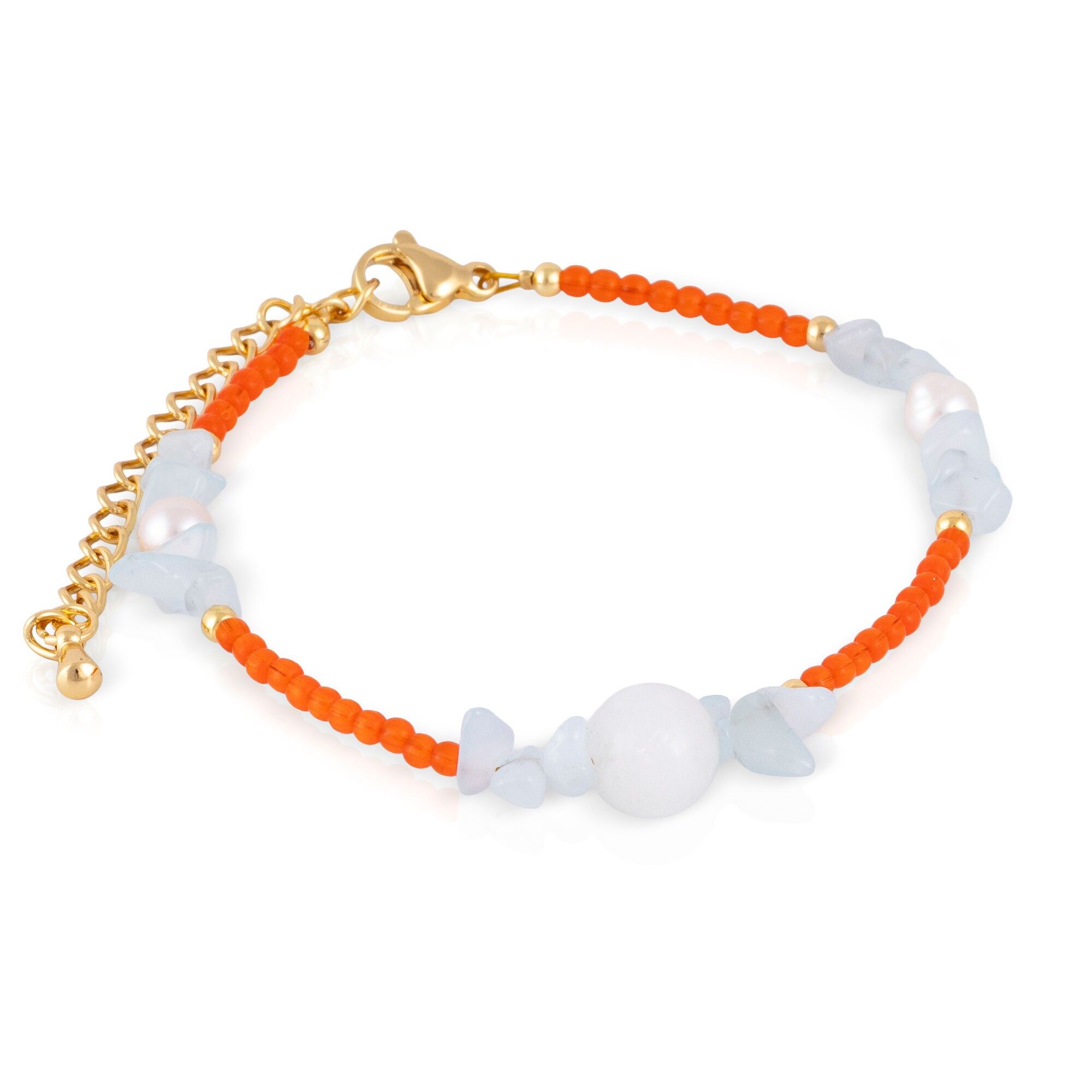 Armband aus orangefarbenem Katzenaugen-Schmuck, hellem Lapislazuli, weißem Marmor und Naturperlen mit Karabinerverschluss. Farbe: Mehrfarbig