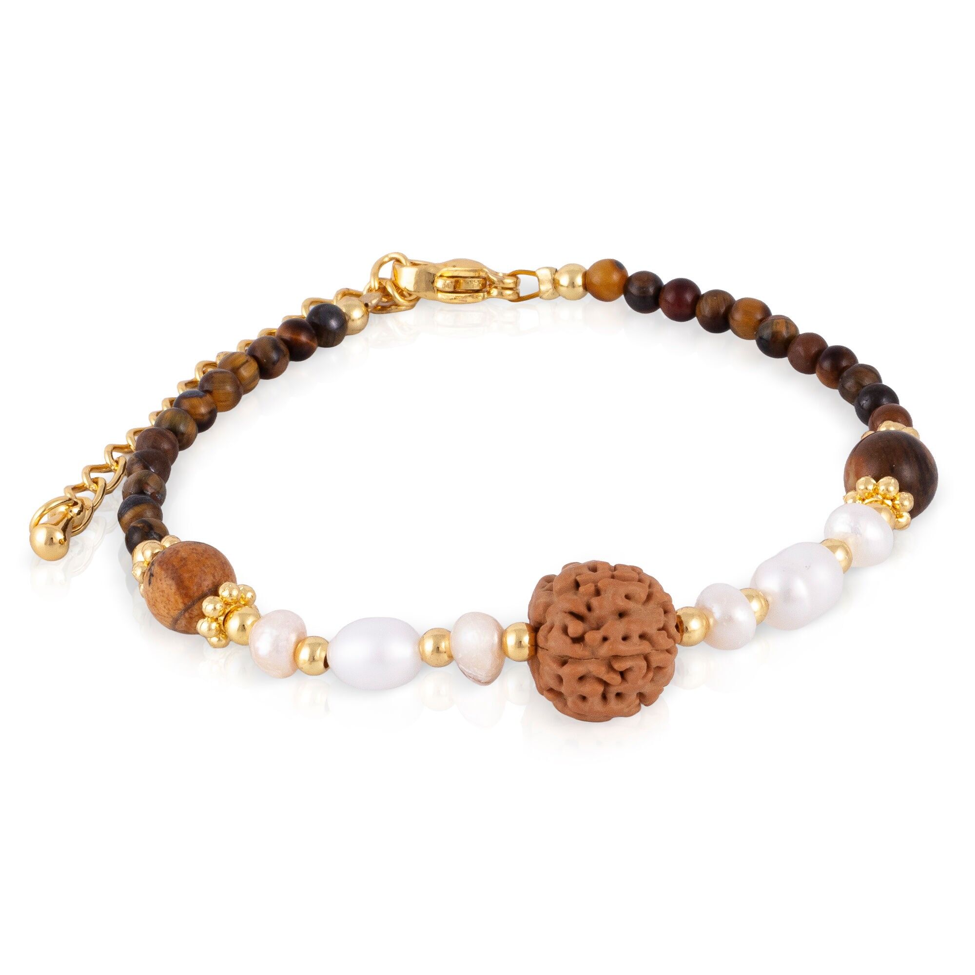 Tigeraugenarmband mit Naturperlen und Buddha-Saatperlen, mit Karabinerverschluss. Farbe: Mehrfarbig