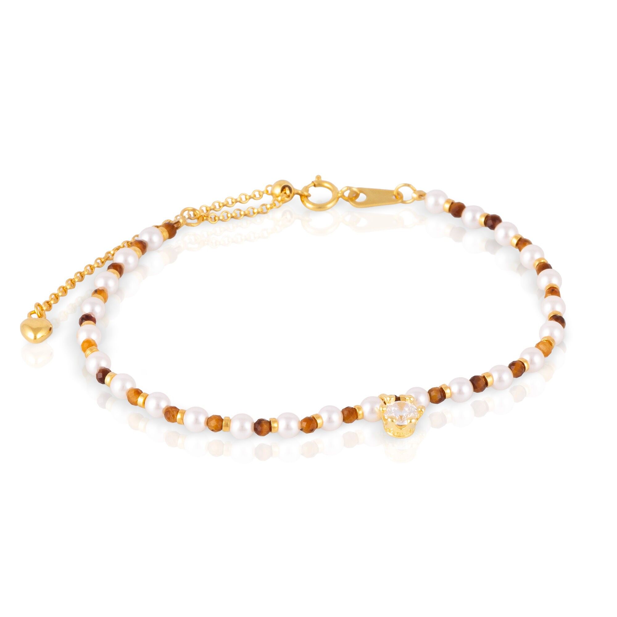 Bracelet en argent sterling 925 avec perles, zircon et perles œil-de-tigre, fermoir à ressort. Couleur : Or