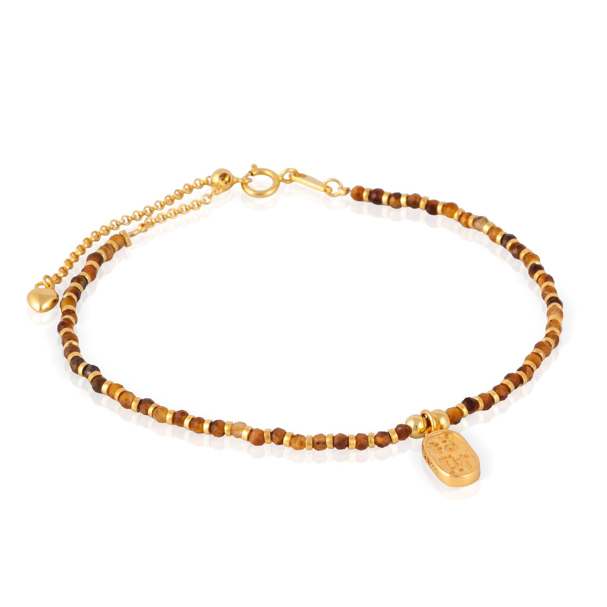 Armband aus 925er Sterlingsilber mit Tigeraugenperlen und Federringverschluss. Farbe: Gold